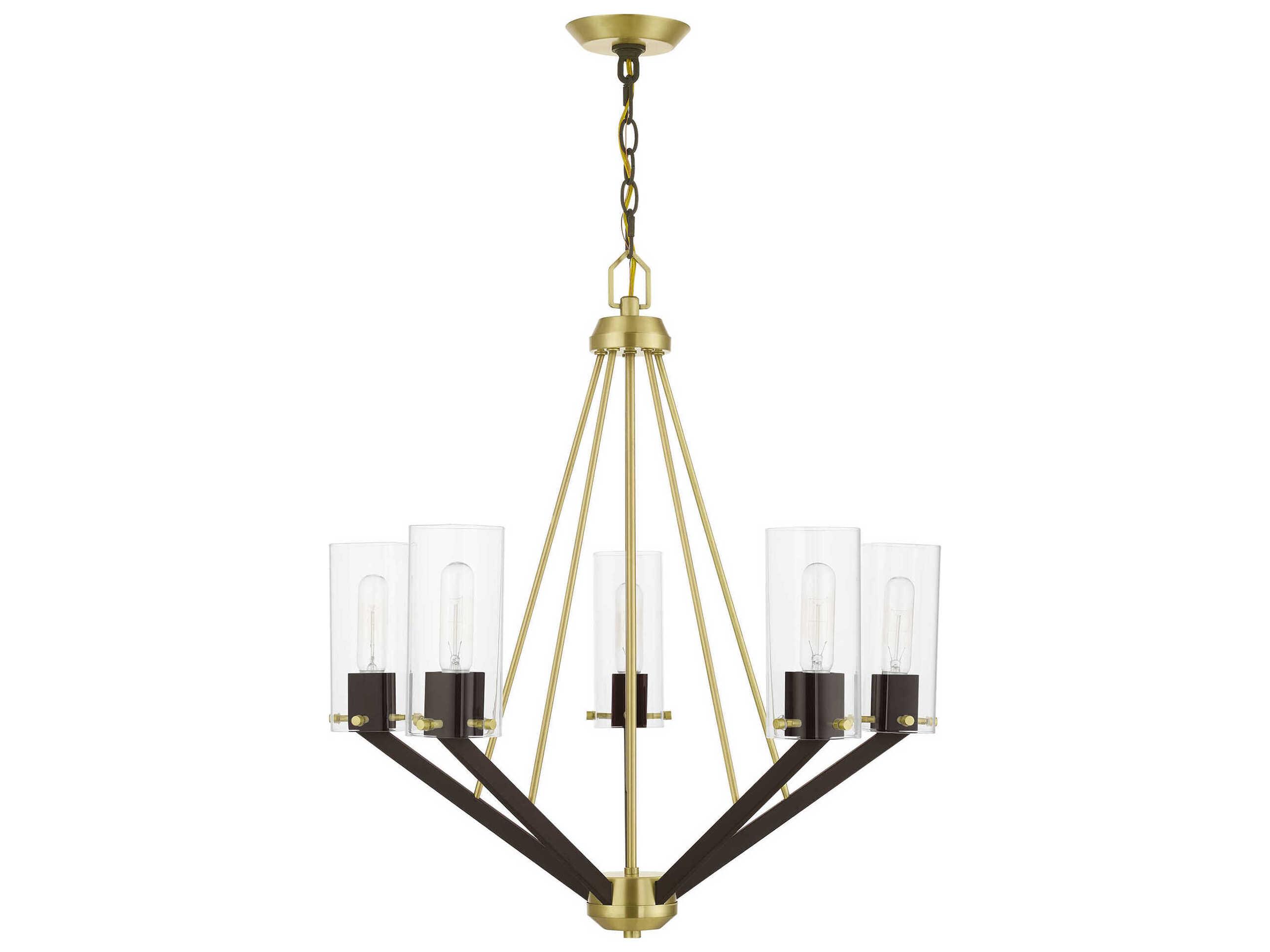Livex Lighting Beckett 5-Light Satin Brass Bronze Glass Cylinder Chandelier