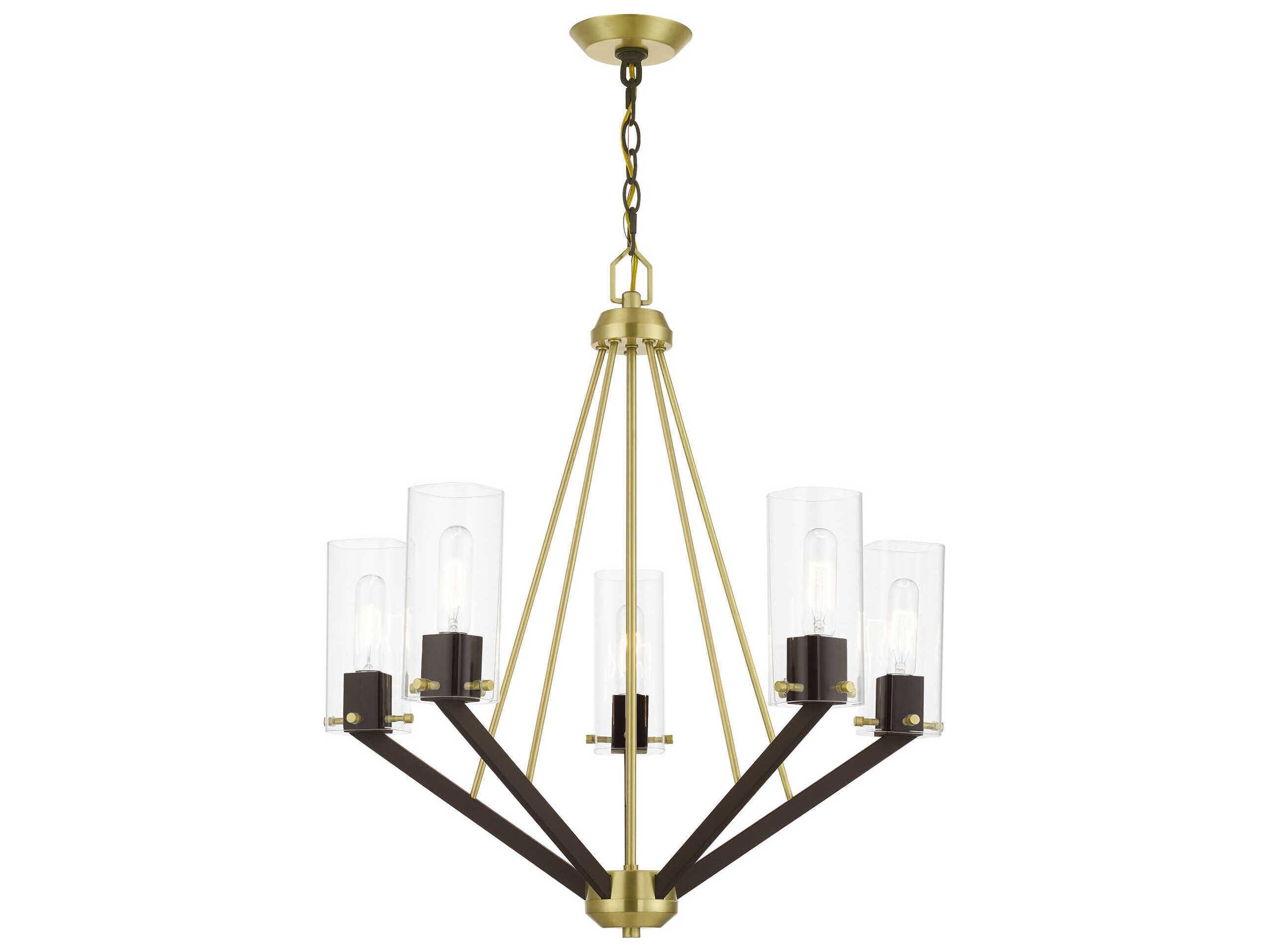 Livex Lighting Beckett 5-Light Satin Brass Bronze Glass Cylinder Chandelier