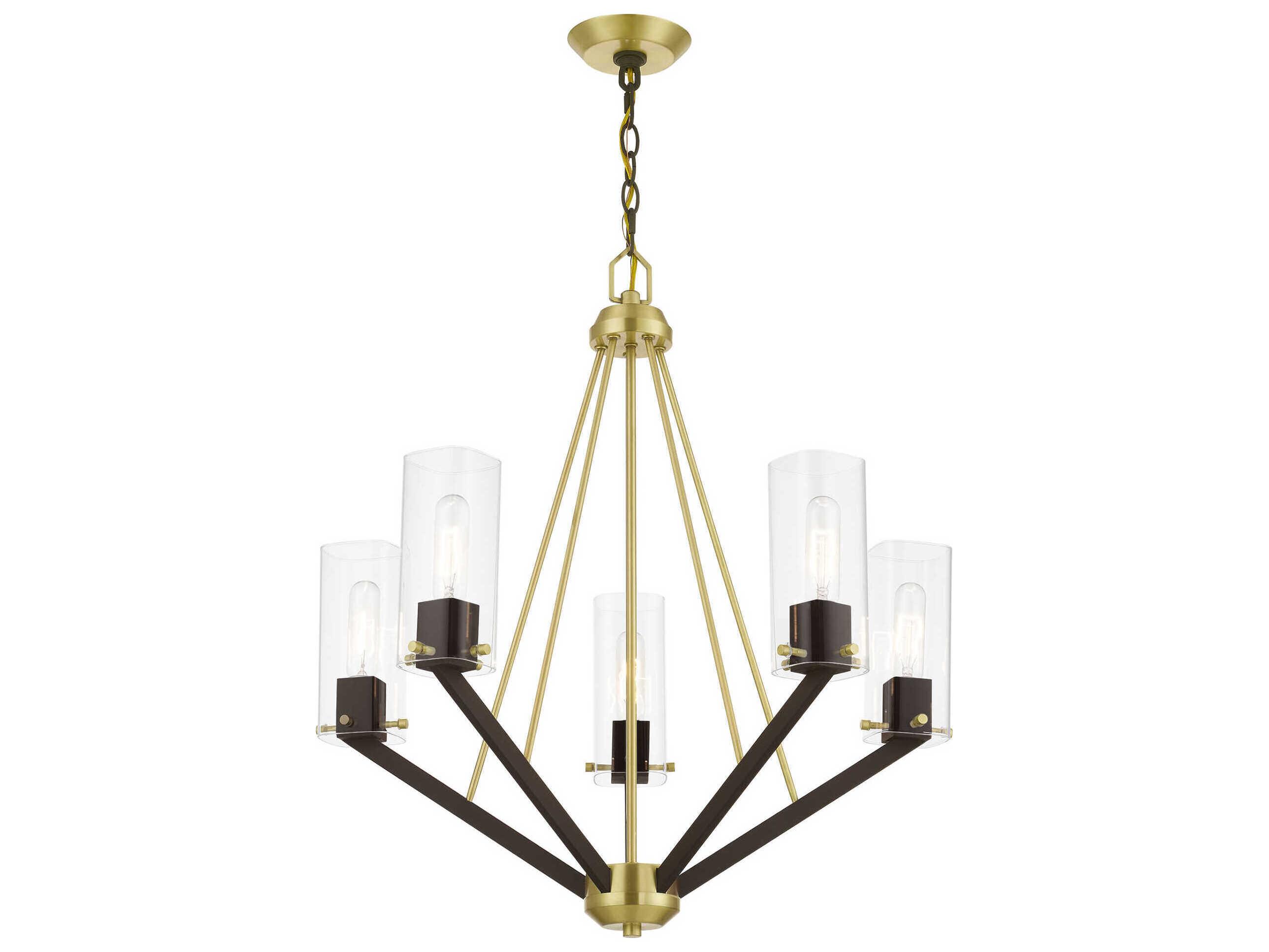 Livex Lighting Beckett 5-Light Satin Brass Bronze Glass Cylinder Chandelier