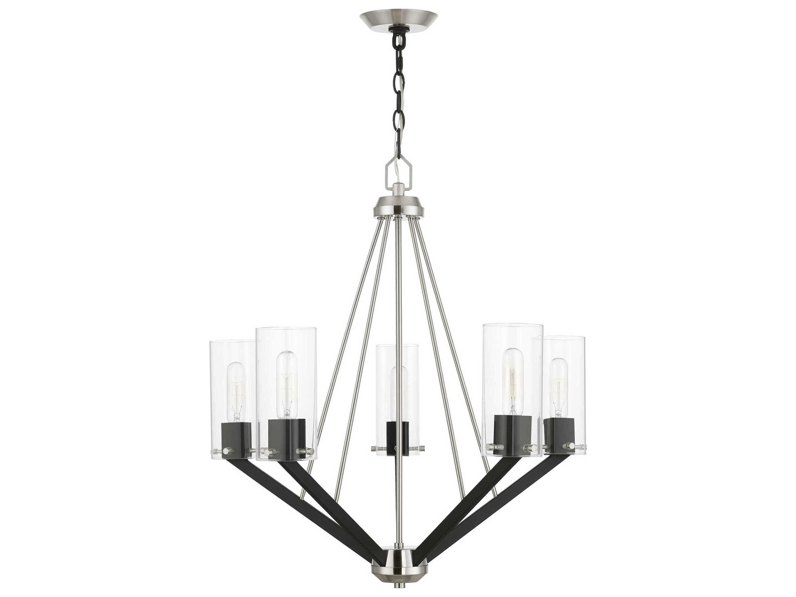 Livex Lighting Beckett 5-Light Brushed Nickel Black Glass Cylinder Chandelier