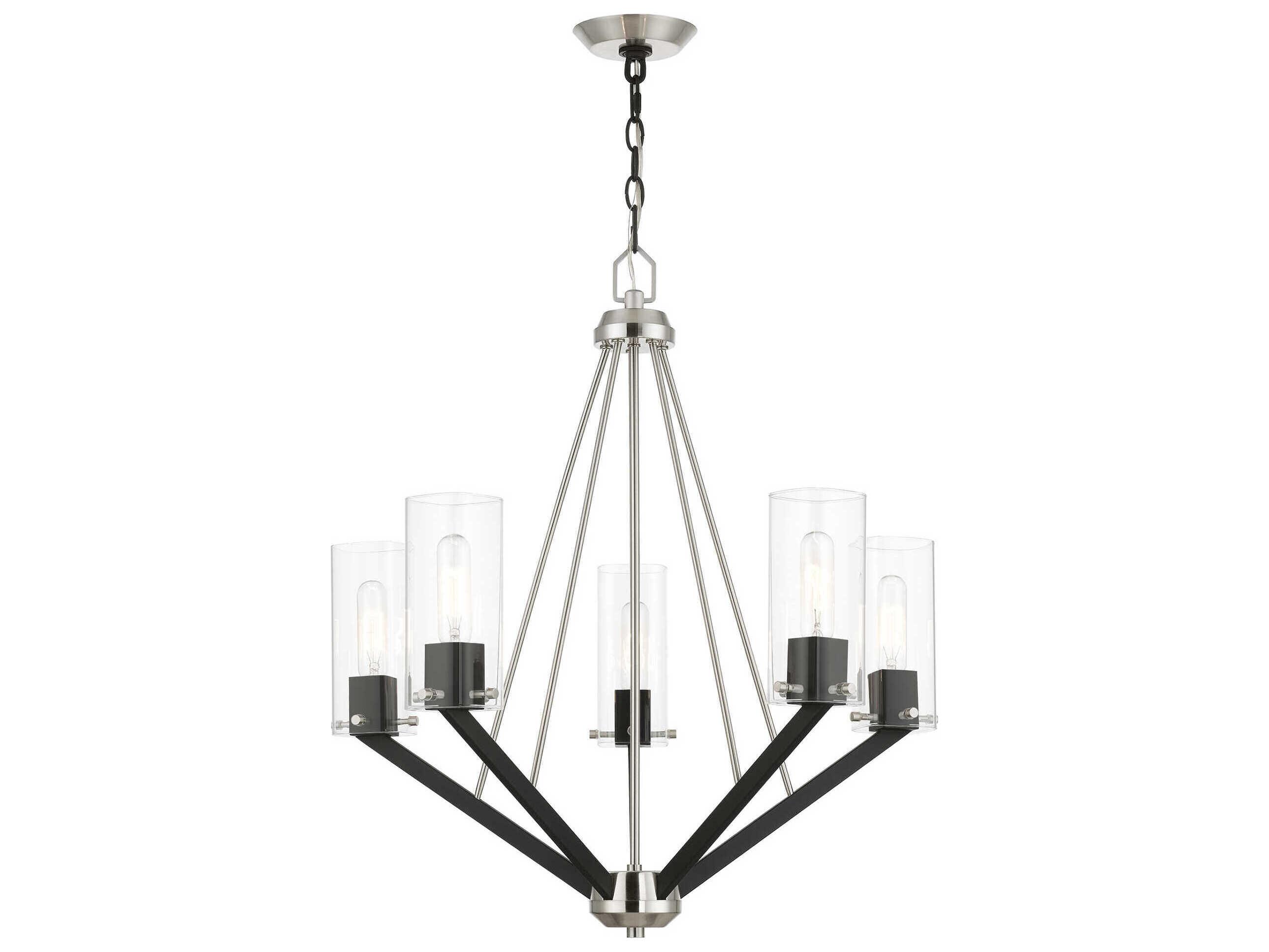 Livex Lighting Beckett 5-Light Brushed Nickel Black Glass Cylinder Chandelier
