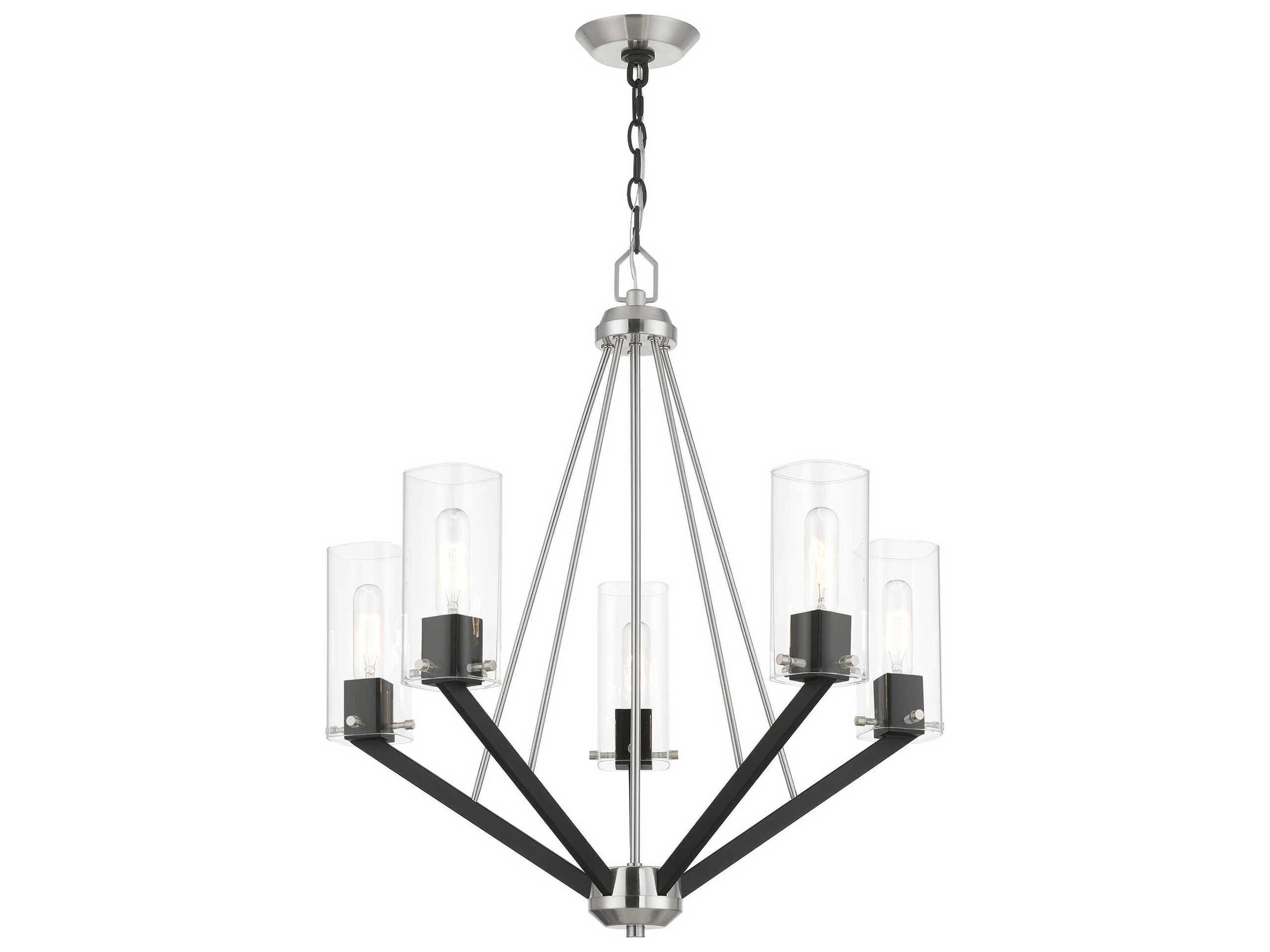 Livex Lighting Beckett 5-Light Brushed Nickel Black Glass Cylinder Chandelier