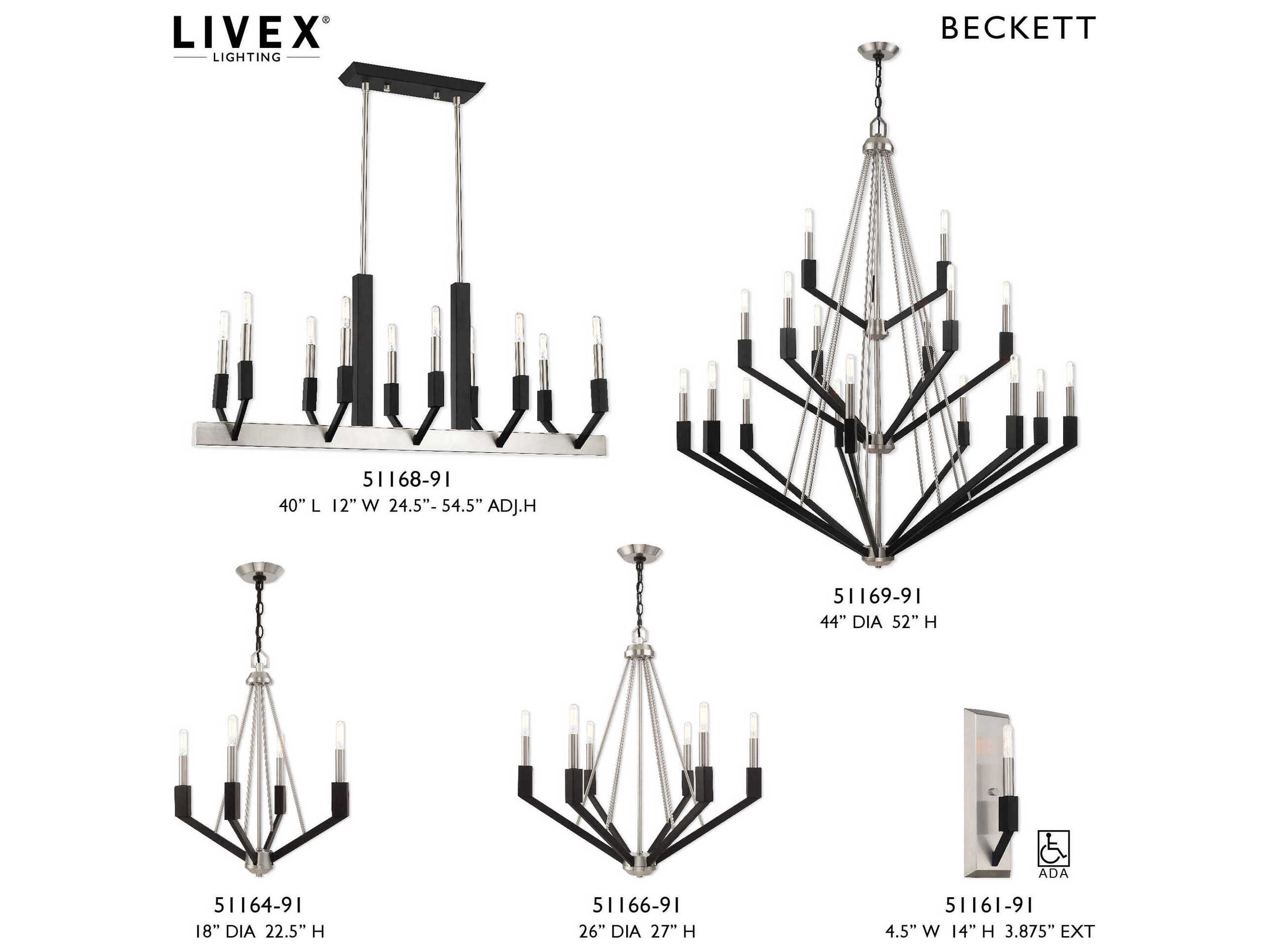 Livex Lighting Beckett 18-Light8-Light Brushed Nickel Black Candelabra Tiered Chandelier
