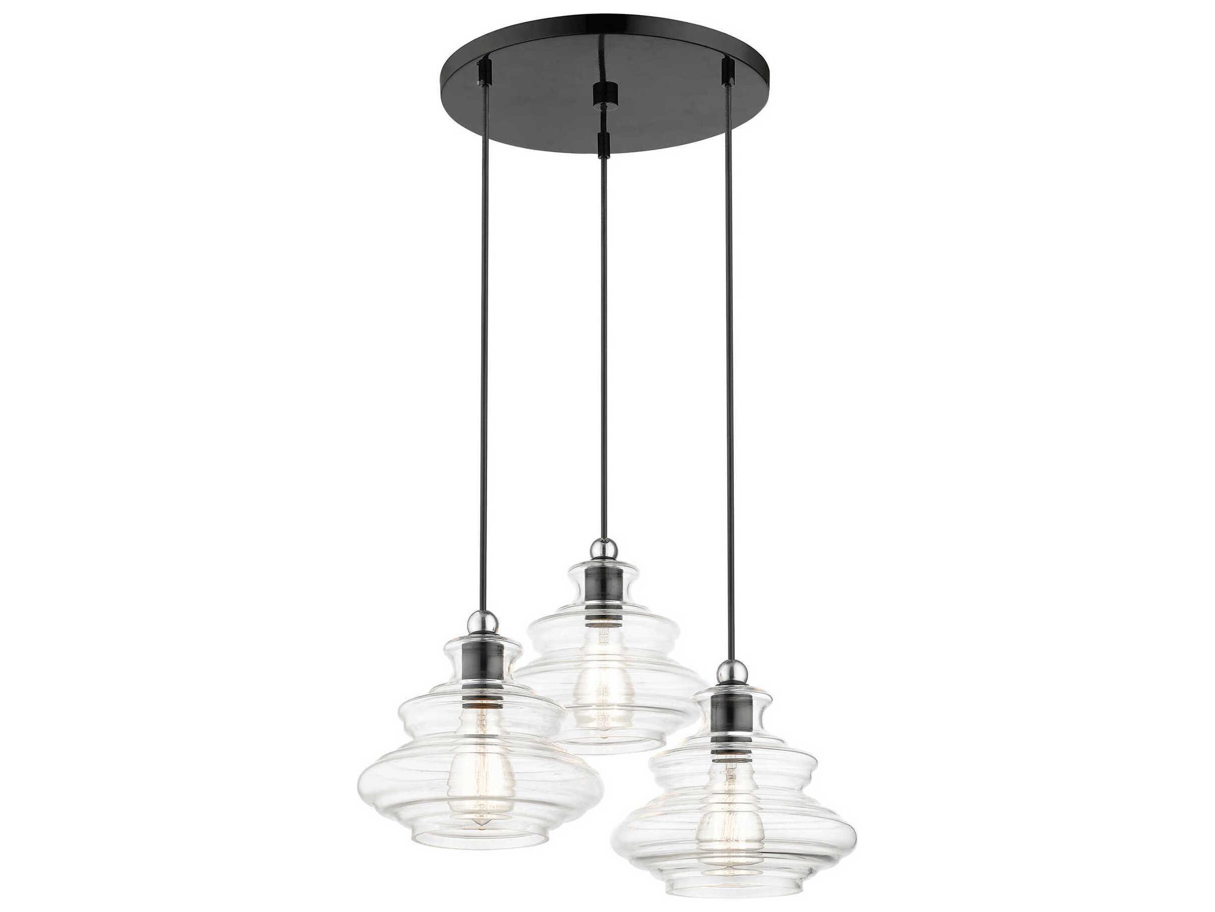 Livex Lighting Everett 3-Light Shiny Black Chrome Glass Pendant