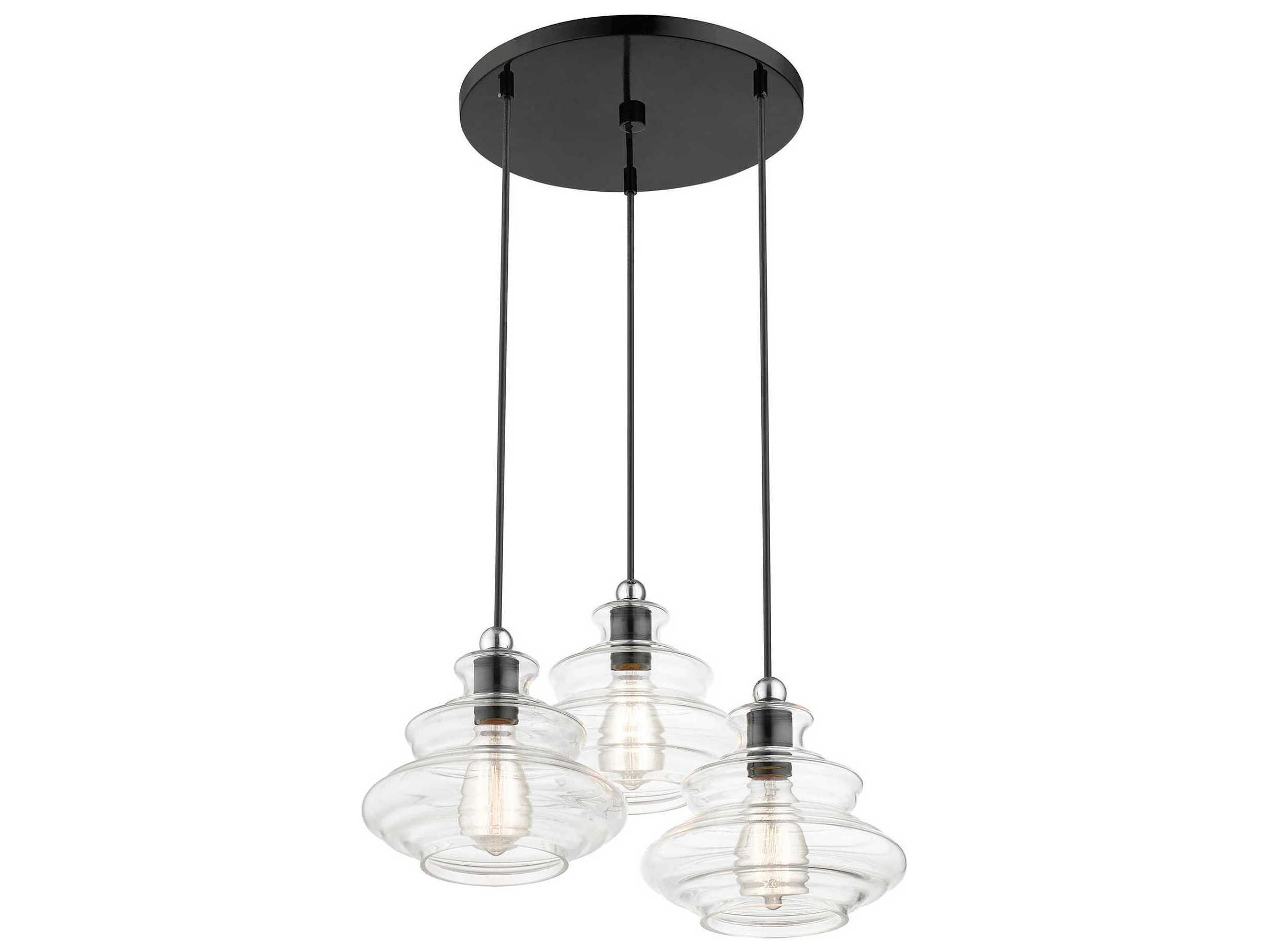 Livex Lighting Everett 3-Light Shiny Black Chrome Glass Pendant