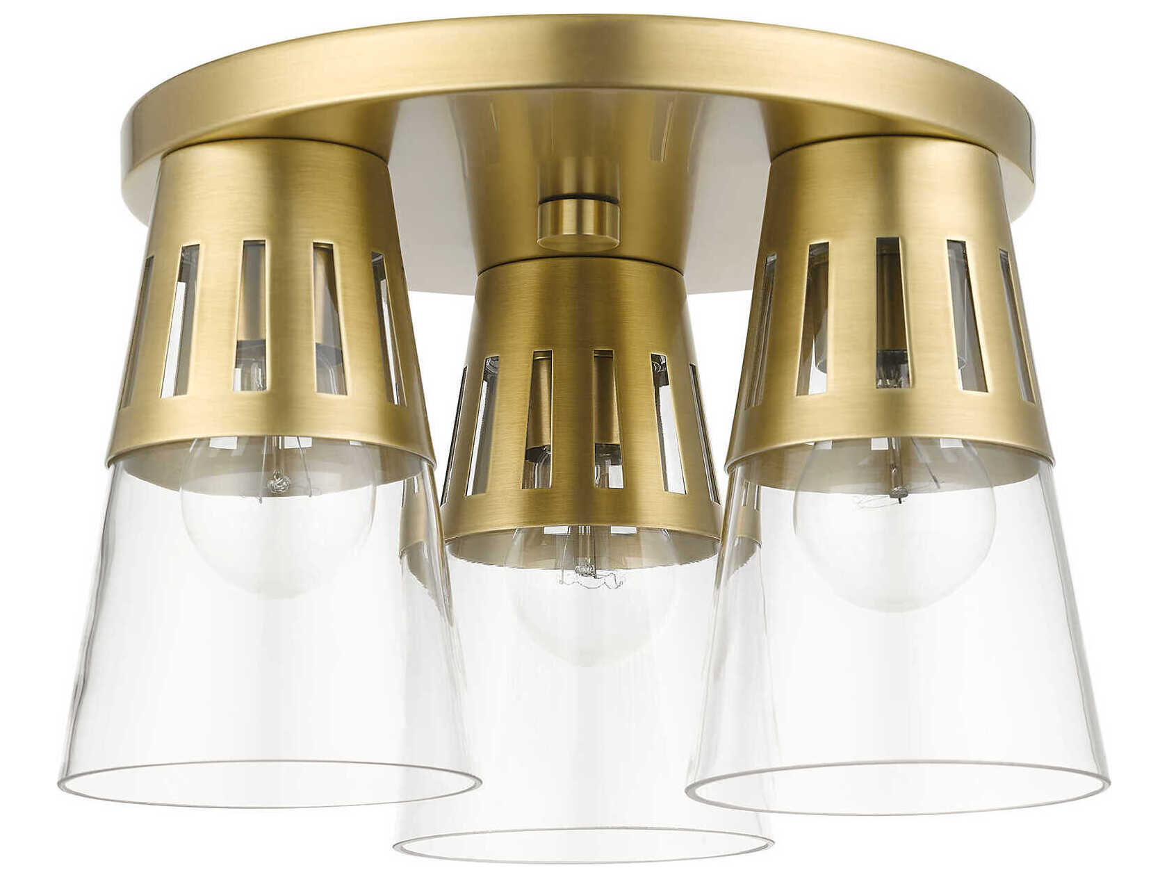 Livex Lighting Bennington 3-Light Natural Brass Glass Flush Mount