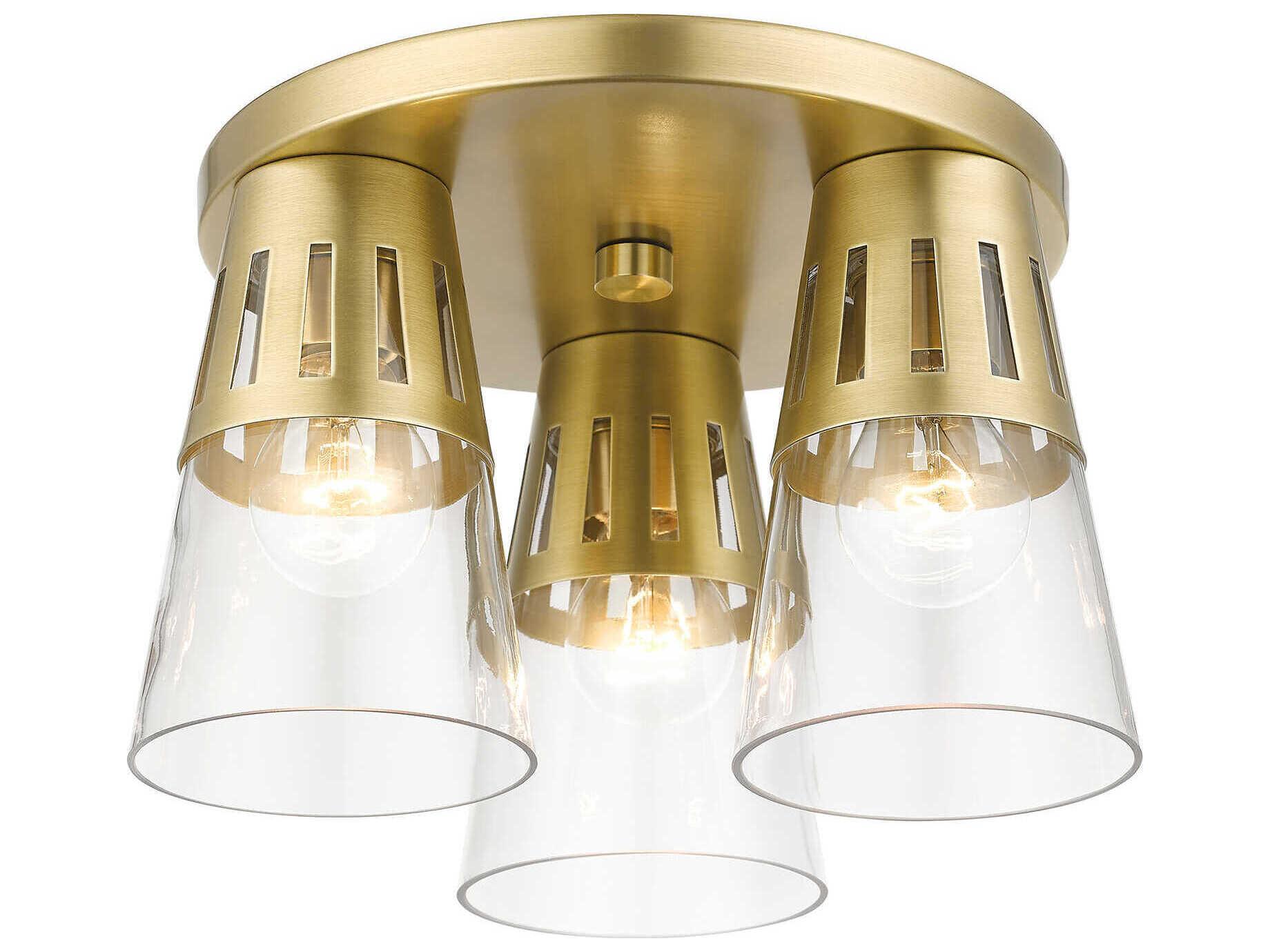 Livex Lighting Bennington 3-Light Natural Brass Glass Flush Mount