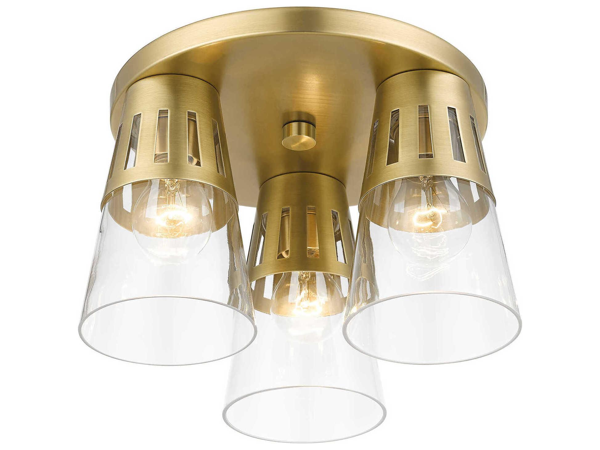 Livex Lighting Bennington 3-Light Natural Brass Glass Flush Mount