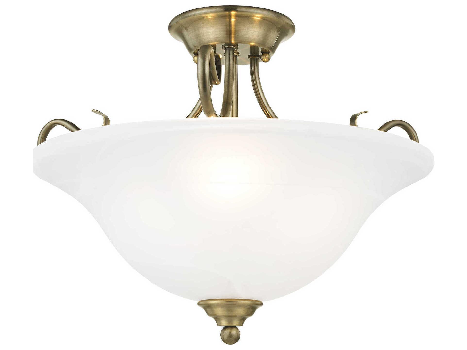 Livex Lighting Coronado 3-Light Antique Brass White Glass Bell Semi Flush Mount