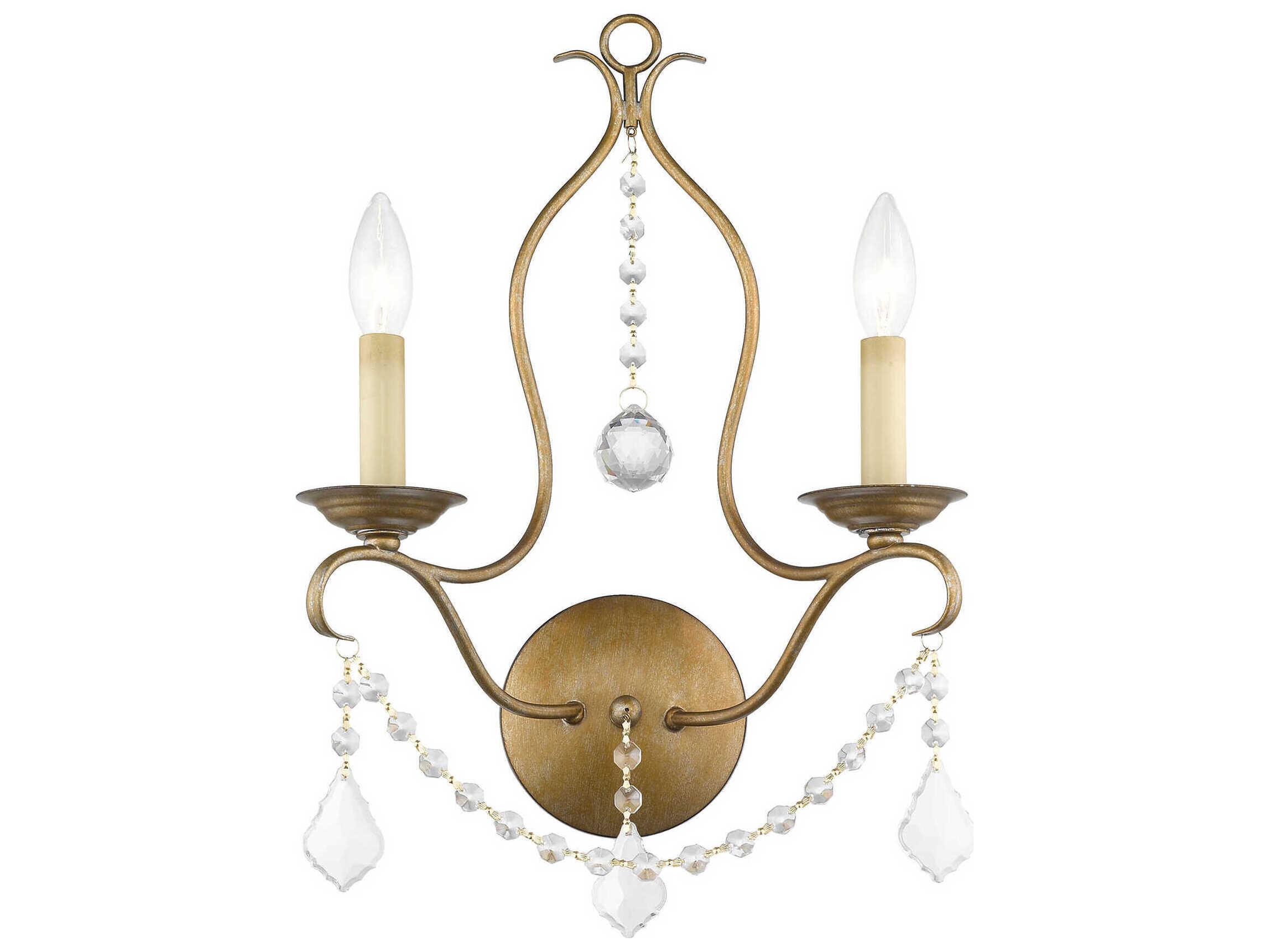 Livex Lighting Chesterfield 2-Light Antique Gold Leaf Crystal Wall Sconce
