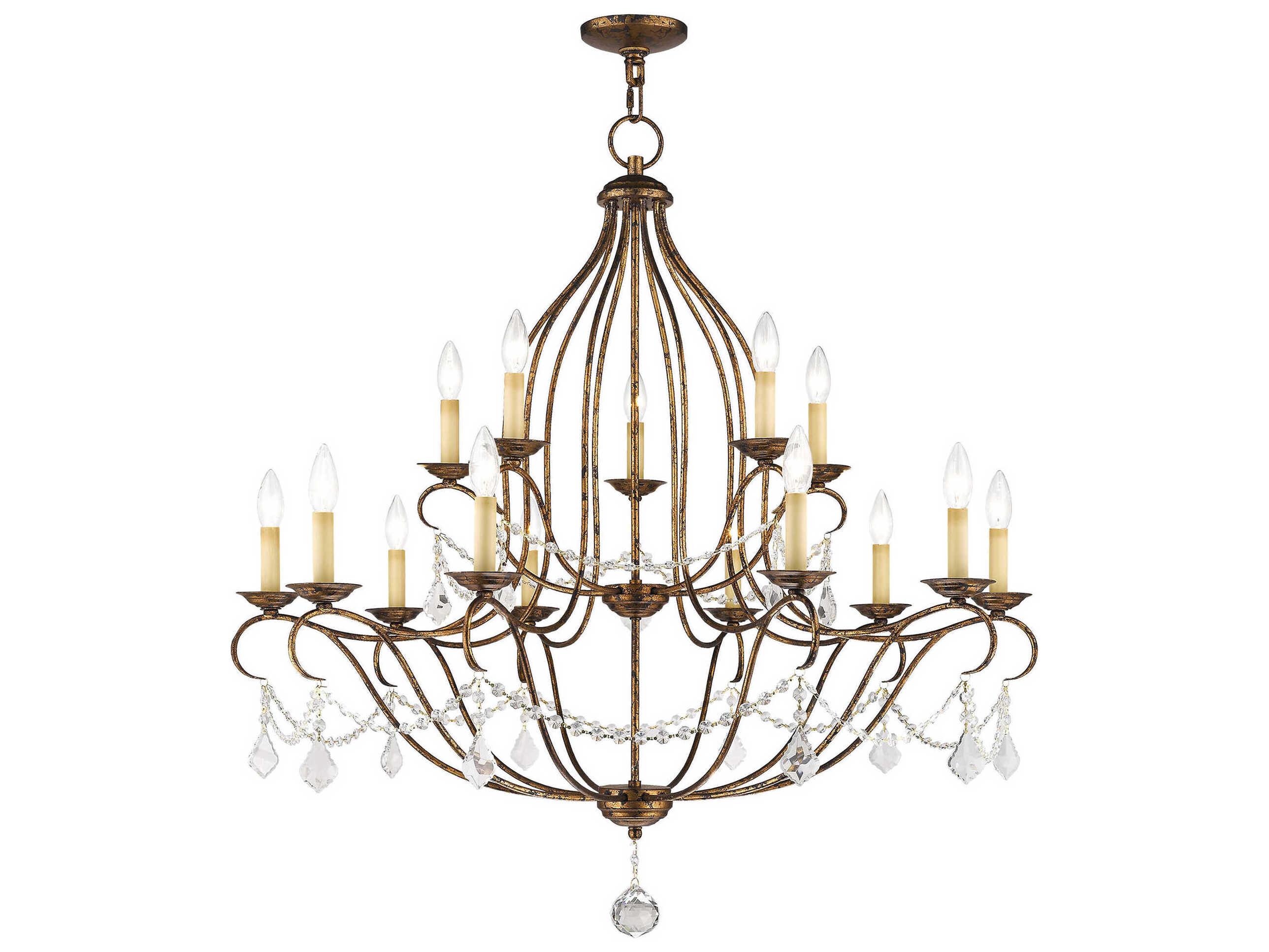 Livex Lighting Chesterfield 15-Light Hand Applied Venetian Golden Bronze Crystal Candelabra Tiered Chandelier