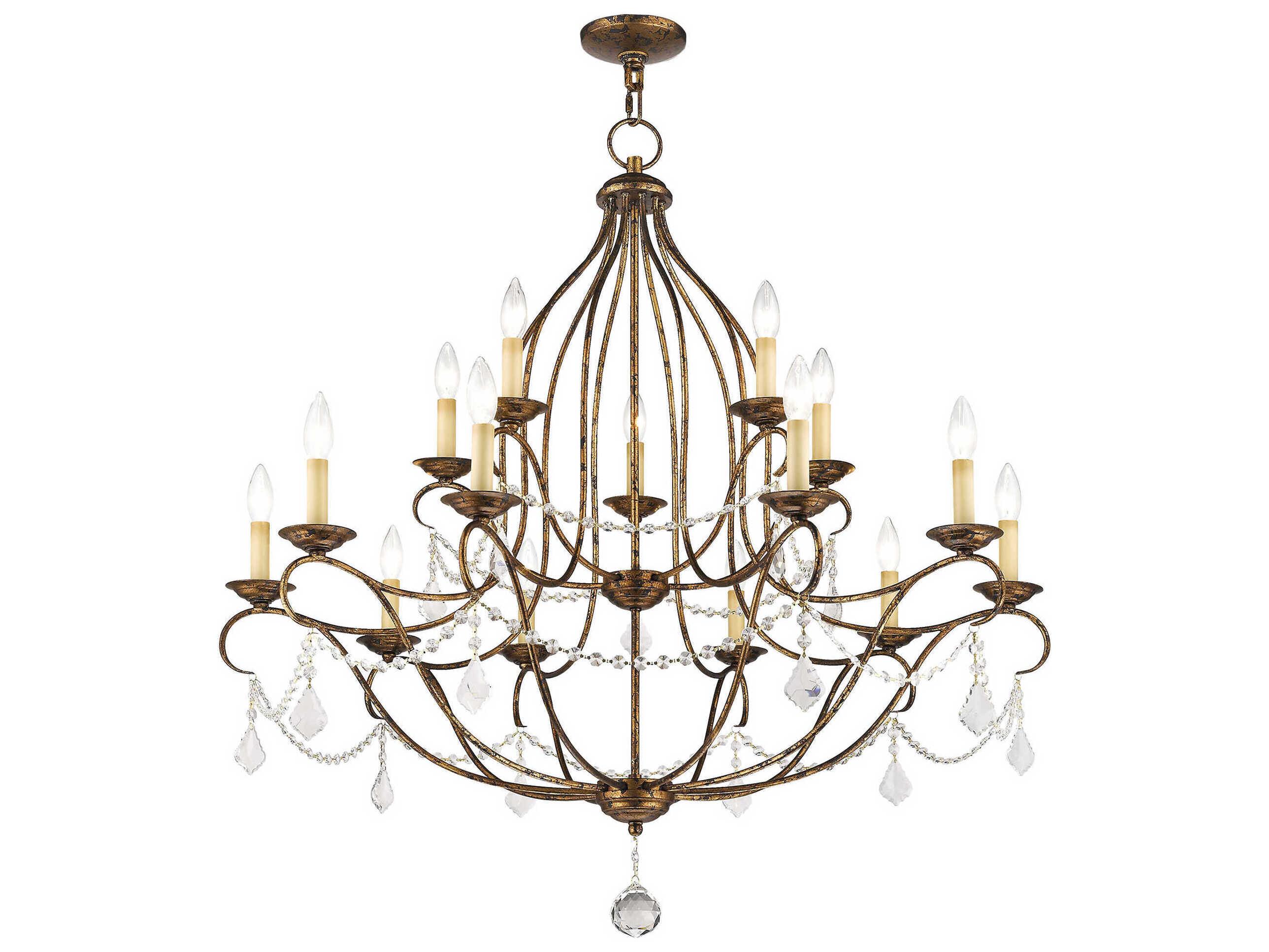 Livex Lighting Chesterfield 15-Light Hand Applied Venetian Golden Bronze Crystal Candelabra Tiered Chandelier