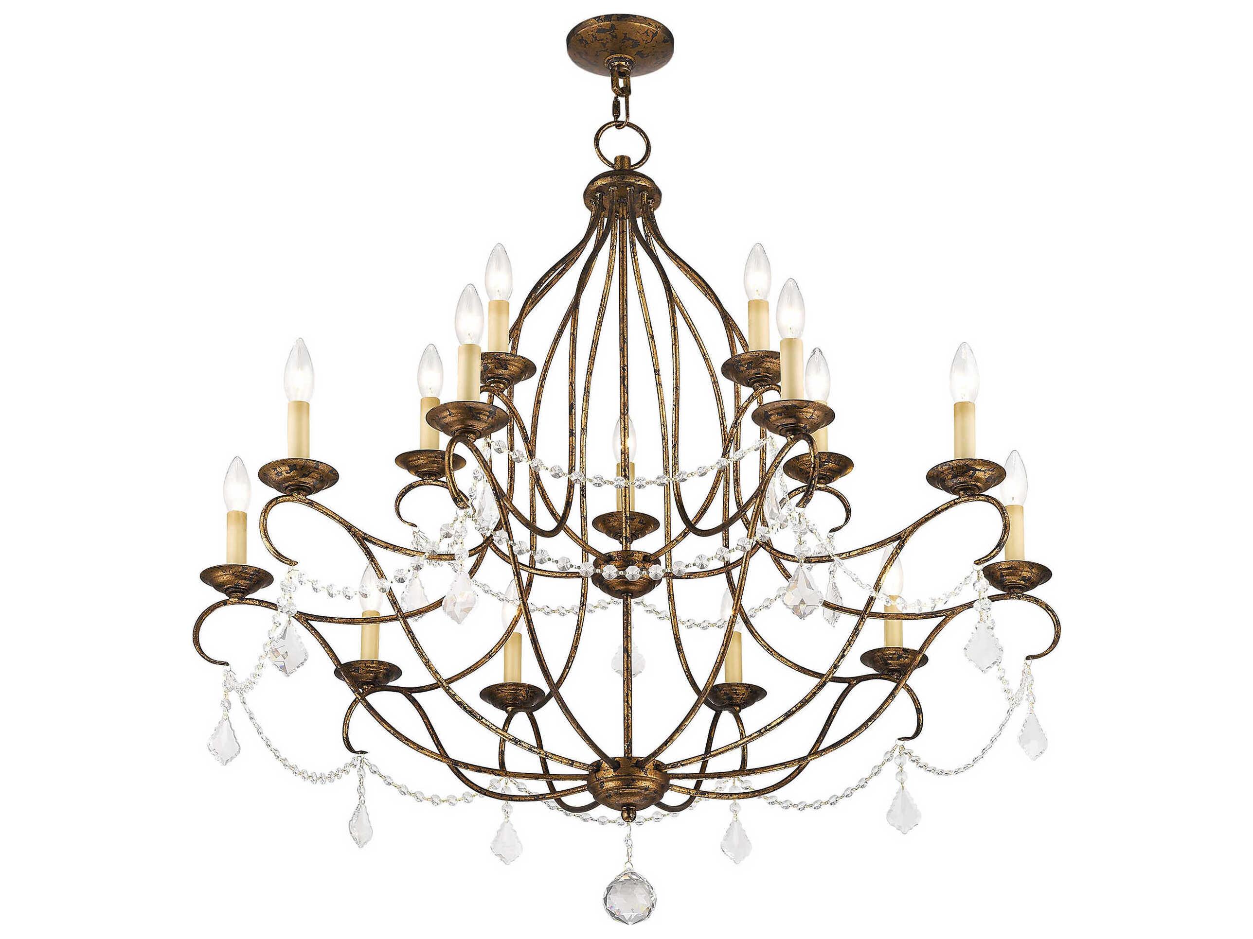 Livex Lighting Chesterfield 15-Light Hand Applied Venetian Golden Bronze Crystal Candelabra Tiered Chandelier
