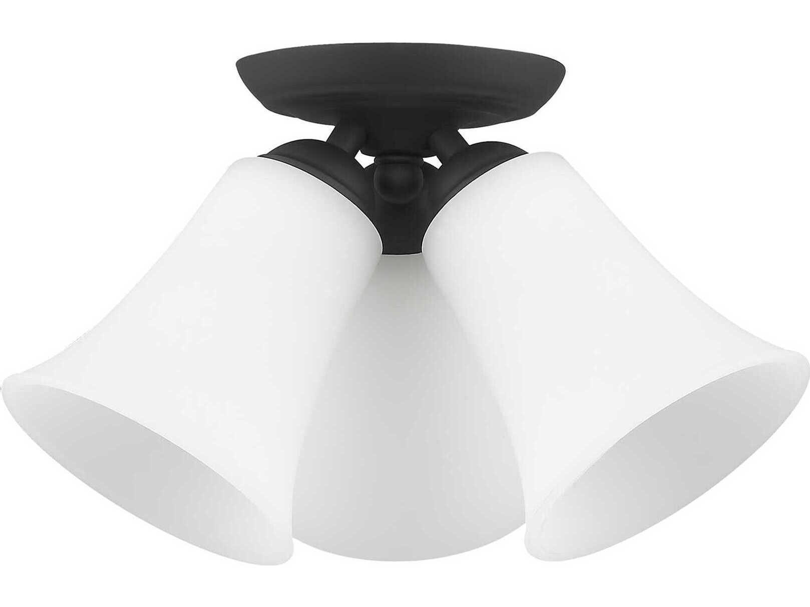 Livex Lighting Ridgedale 3-Light Black White Glass Bell Semi Flush Mount