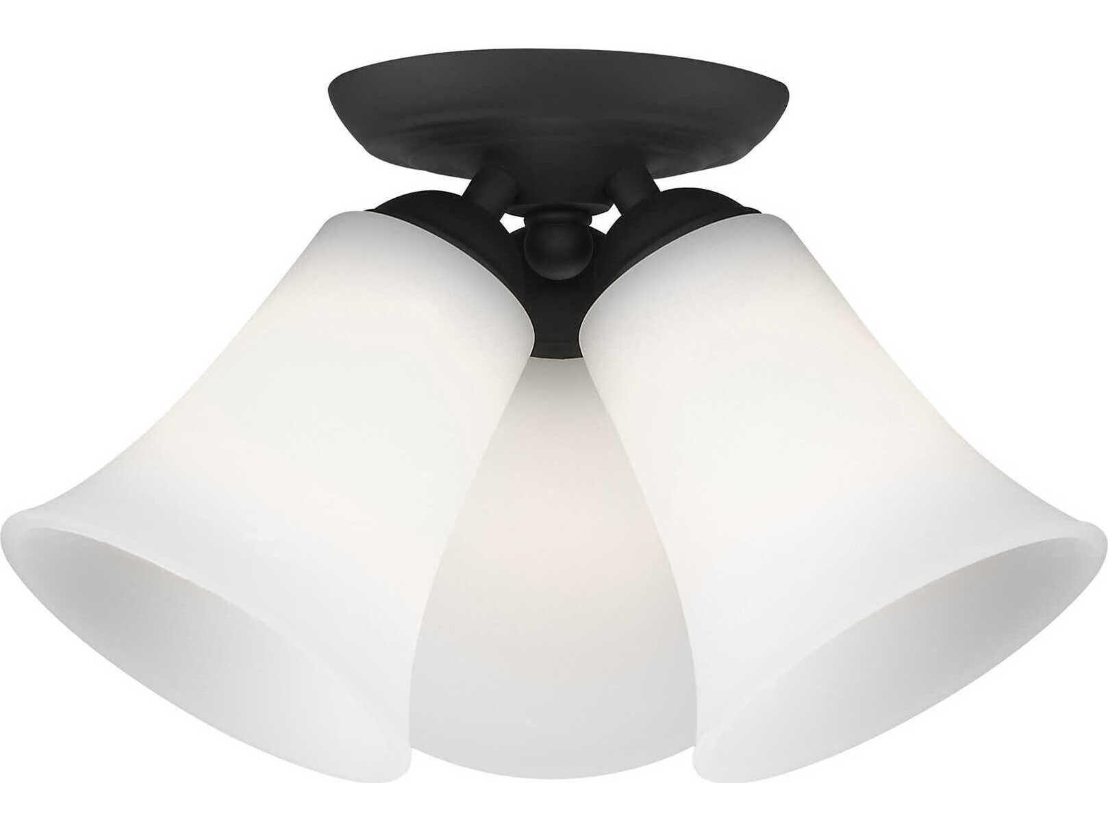 Livex Lighting Ridgedale 3-Light Black White Glass Bell Semi Flush Mount