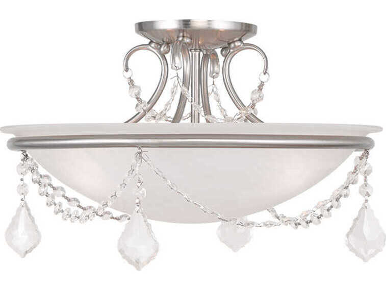Livex Lighting Chesterfield Pennington 3-Light Brushed Nickel White Crystal Glass Bowl Semi Flush Mount