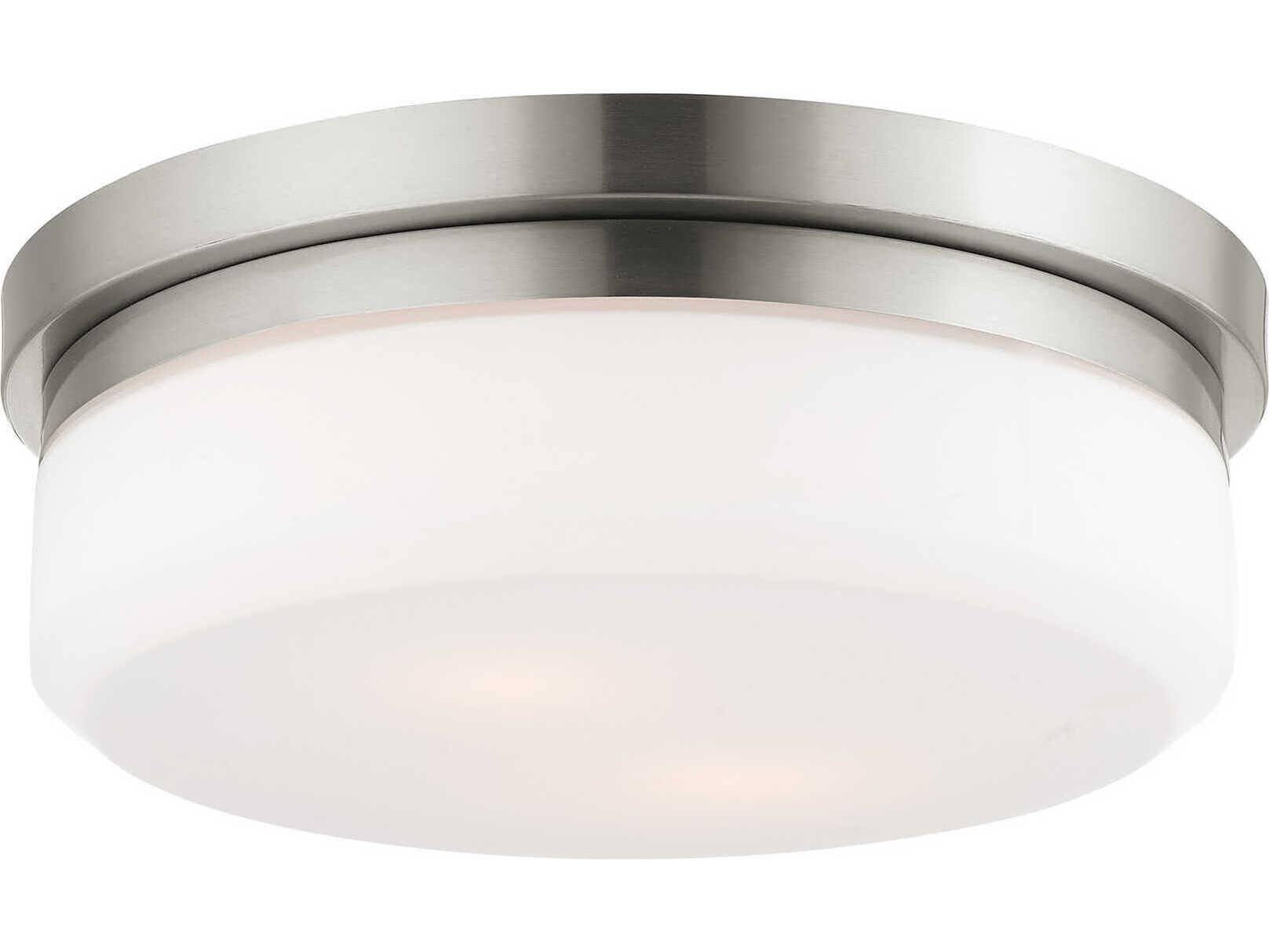 Livex Lighting Stratus 2-Light Brushed Nickel White Glass Drum Flush Mount