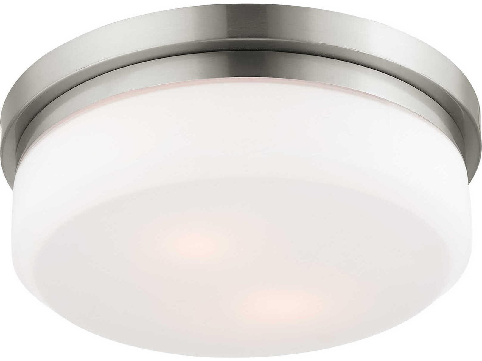 Livex Lighting Stratus 2-Light Brushed Nickel White Glass Drum Flush Mount