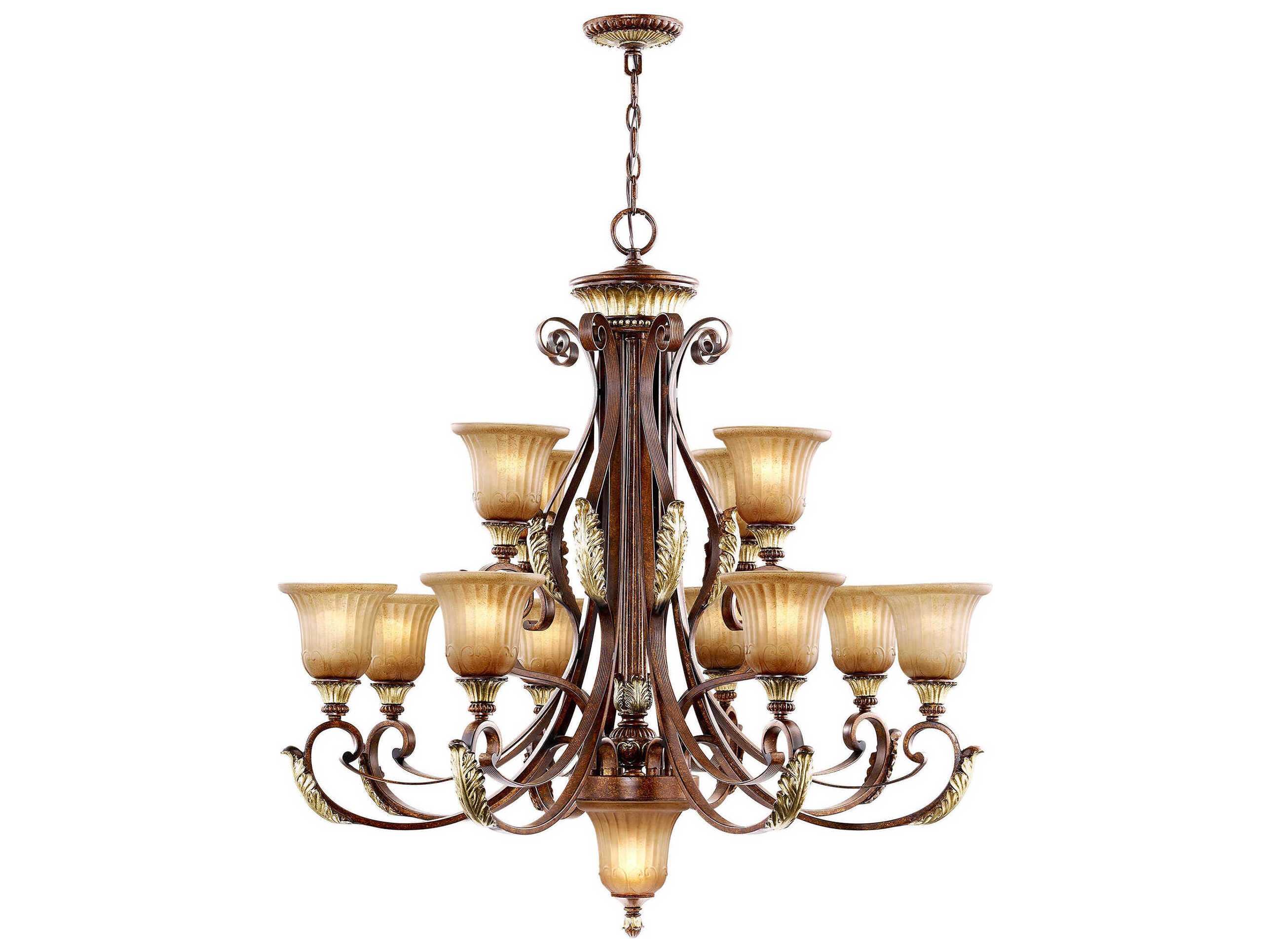 Livex Lighting Villa Verona 13-Light Bronze Aged Gold Leaf Glass Bell Candelabra Tiered Chandelier
