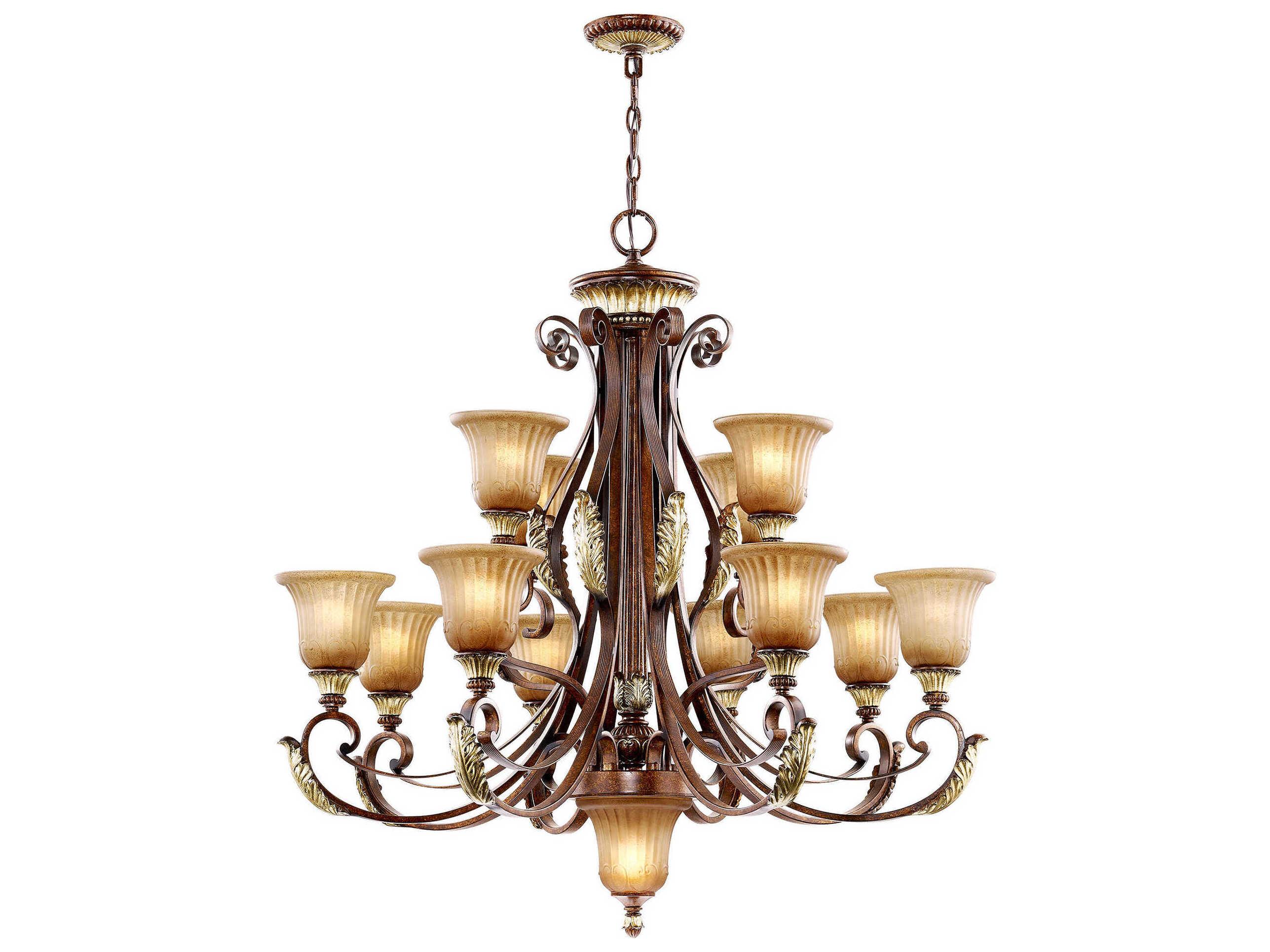 Livex Lighting Villa Verona 13-Light Bronze Aged Gold Leaf Glass Bell Candelabra Tiered Chandelier