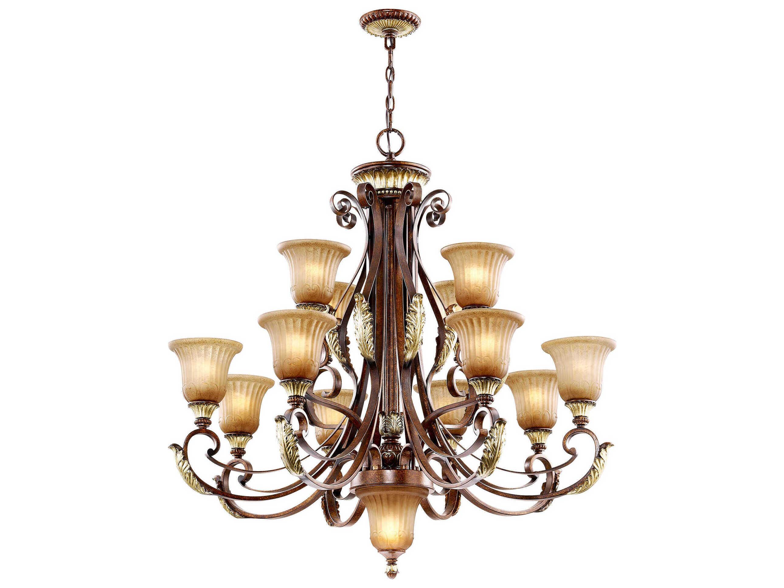 Livex Lighting Villa Verona 13-Light Bronze Aged Gold Leaf Glass Bell Candelabra Tiered Chandelier