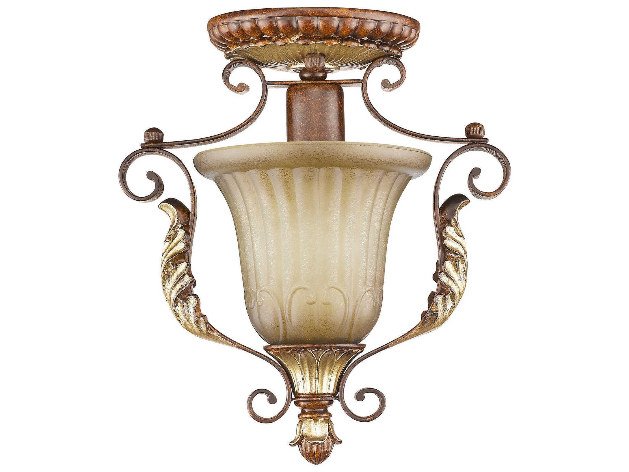 Livex Lighting Villa Verona 1-Light Bronze Aged Gold Leaf Glass Bell Semi Flush Mount
