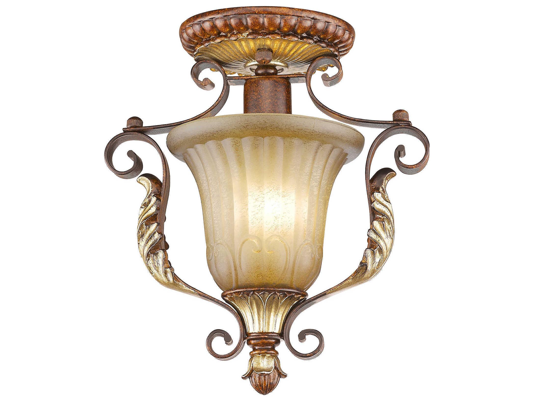 Livex Lighting Villa Verona 1-Light Bronze Aged Gold Leaf Glass Bell Semi Flush Mount