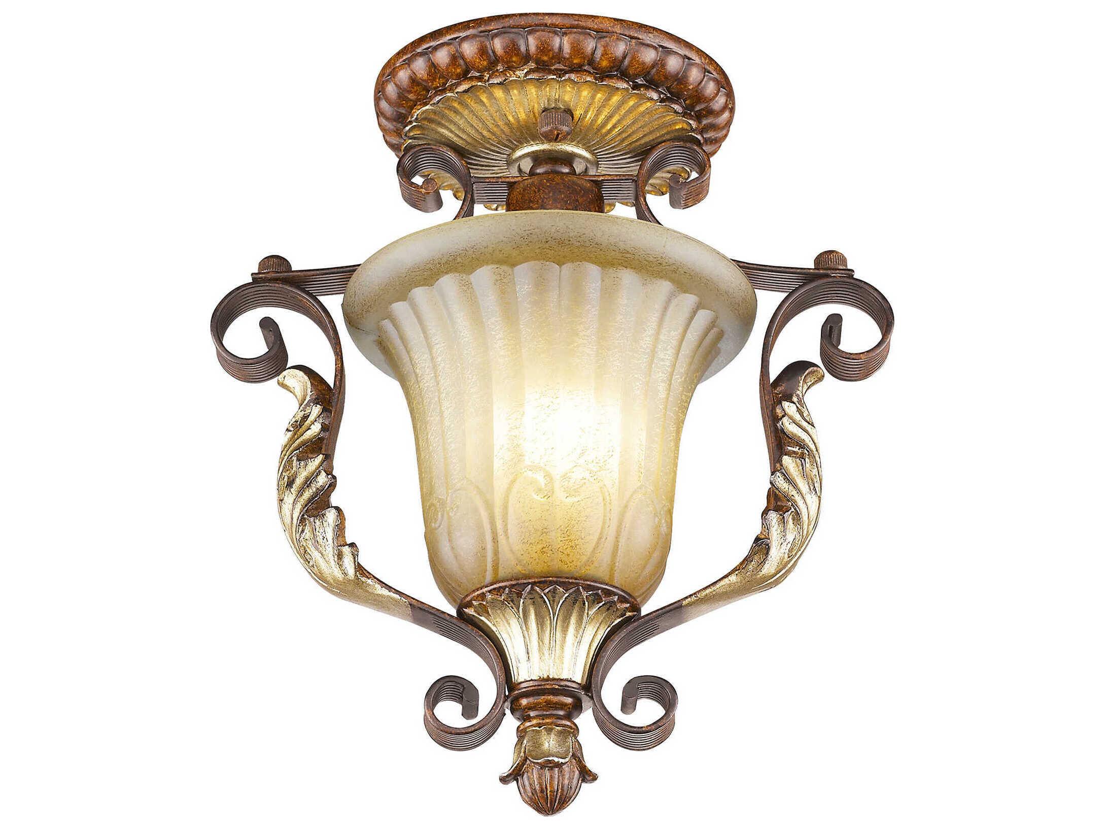 Livex Lighting Villa Verona 1-Light Bronze Aged Gold Leaf Glass Bell Semi Flush Mount