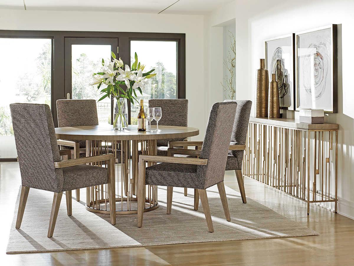 Lexington Shadow Play Round Wood Taupe Grey Burnished Silver Dining Table