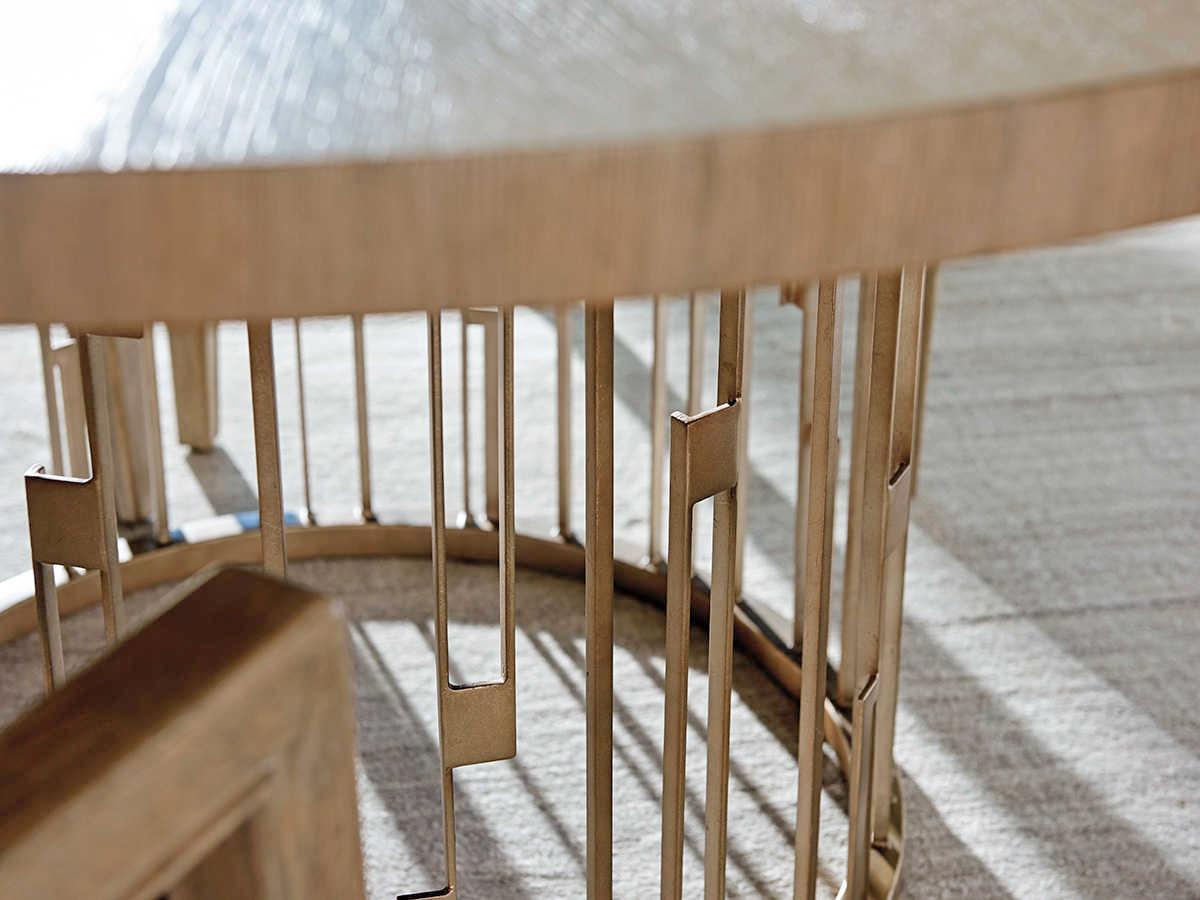 Lexington Shadow Play Round Wood Taupe Grey Burnished Silver Dining Table