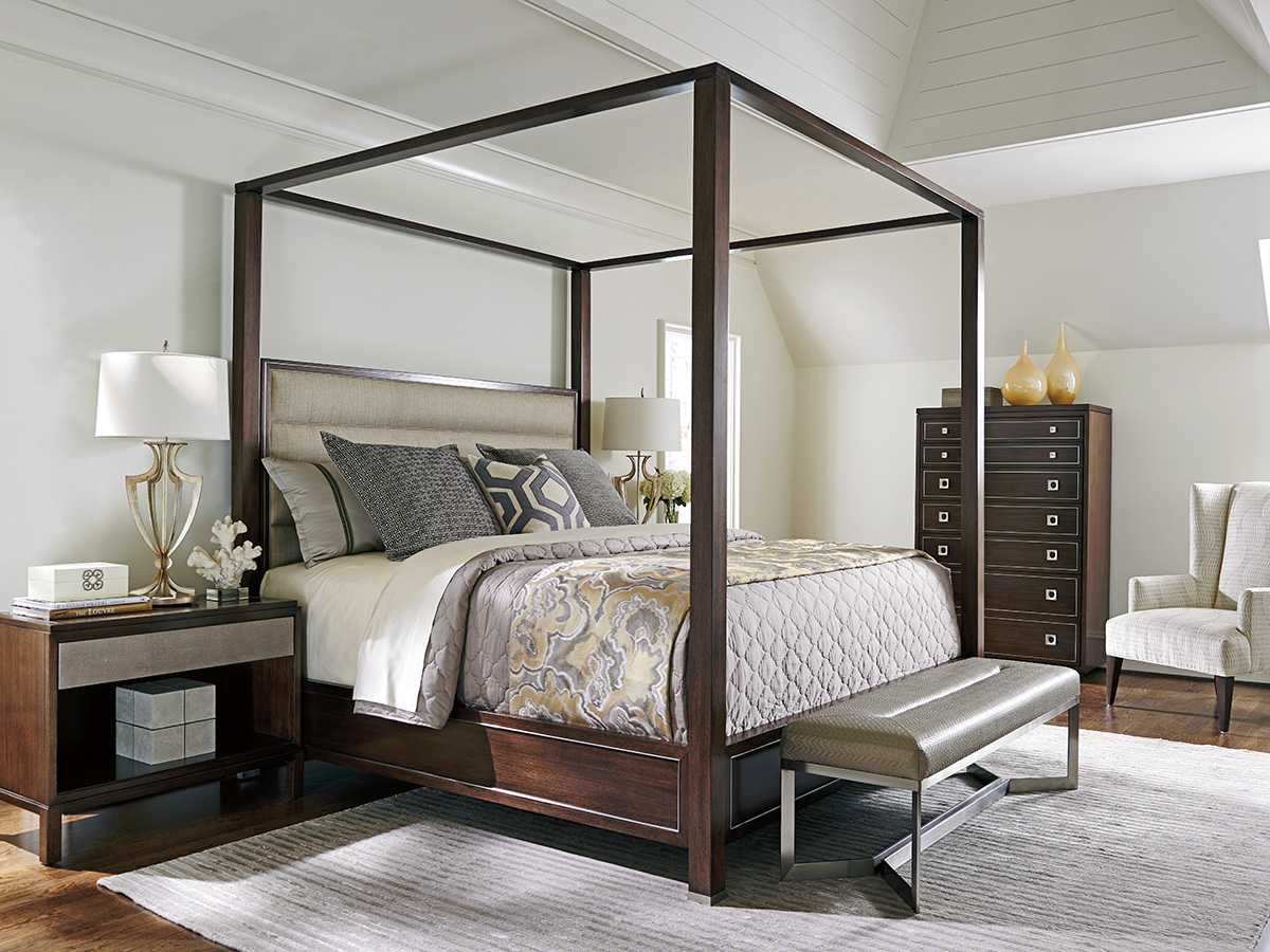 Lexington Macarthur Park Walnut Brown Wood Upholstered Queen Poster Bed