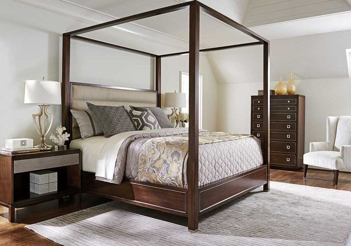 Lexington Macarthur Park Walnut Brown Wood Upholstered California King Poster Bed
