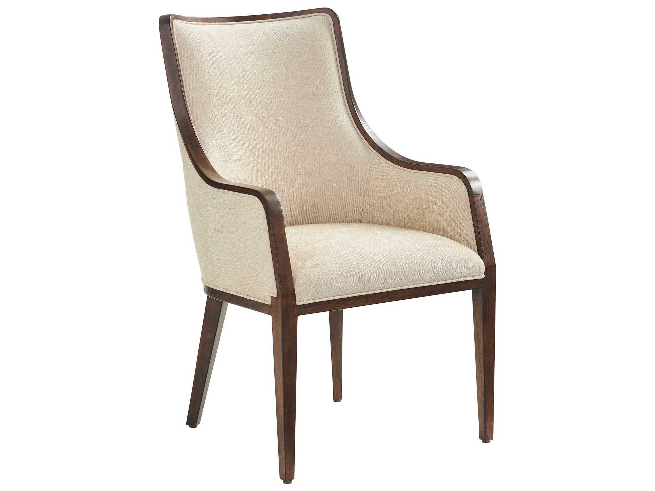 Lexington Silverado Walnut Wood Beige Upholstered Arm Dining Chair