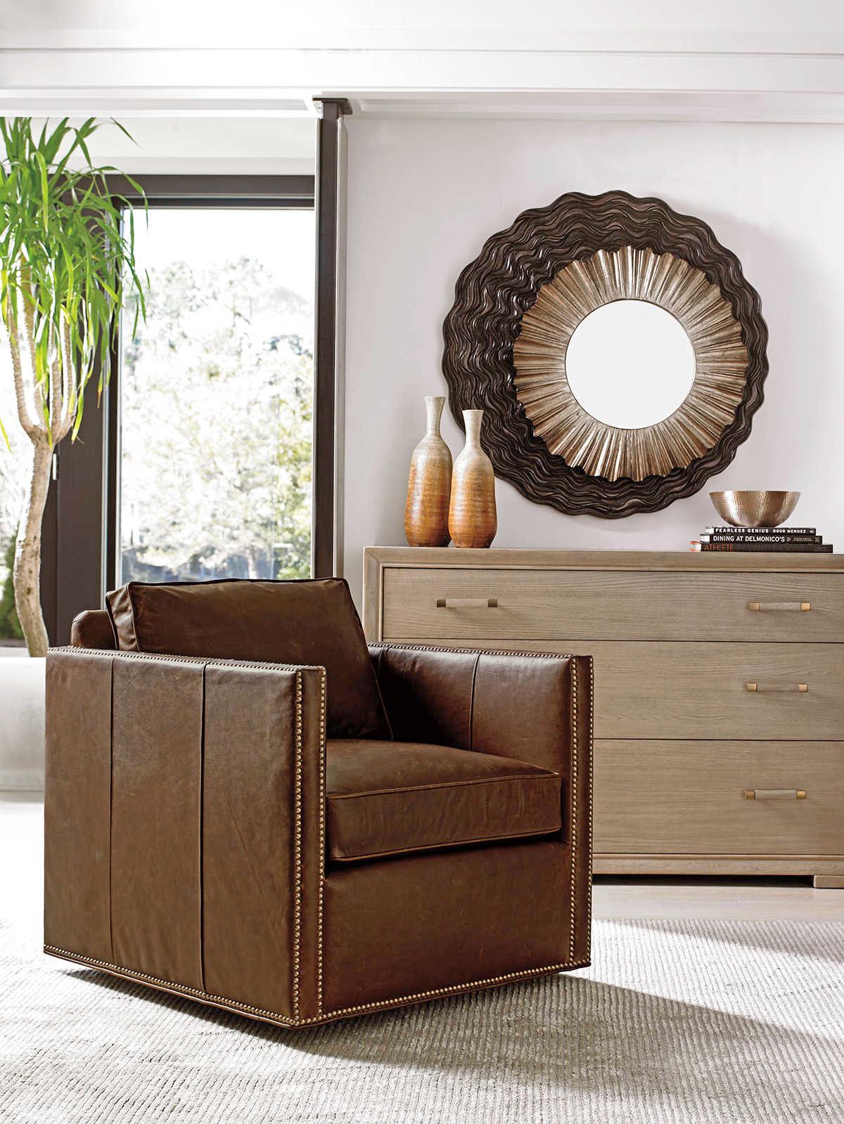 Lexington Shadow Play Swivel Brown Leather Accent Chair