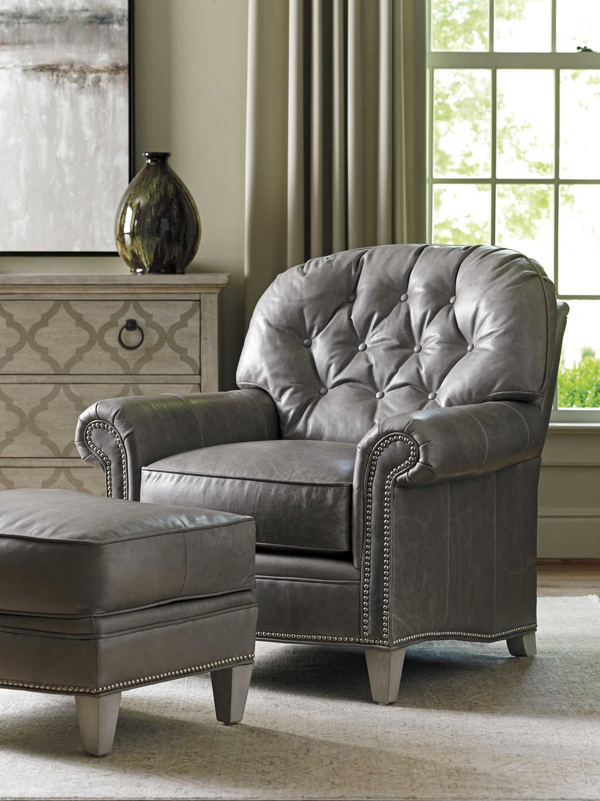 Lexington Oyster Bay Millstone Gray Leather Ottoman