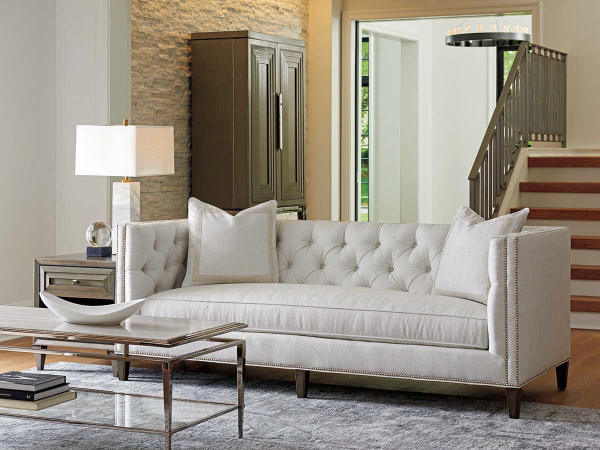 Lexington Ariana Tufted Misty Gray White Upholstered Sofa
