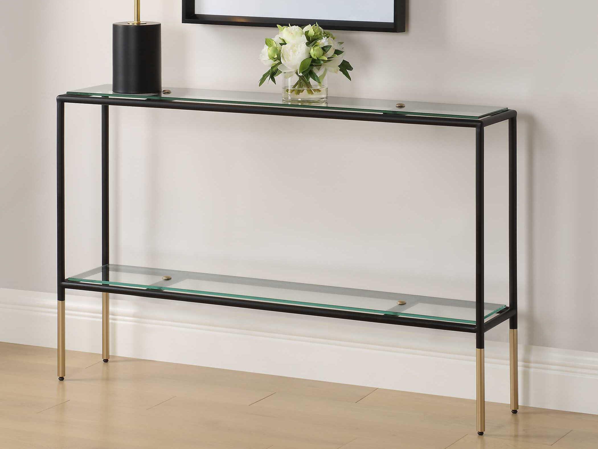 Luxecor Illumination Rectangular Glass Black Metallic Gold Console Table