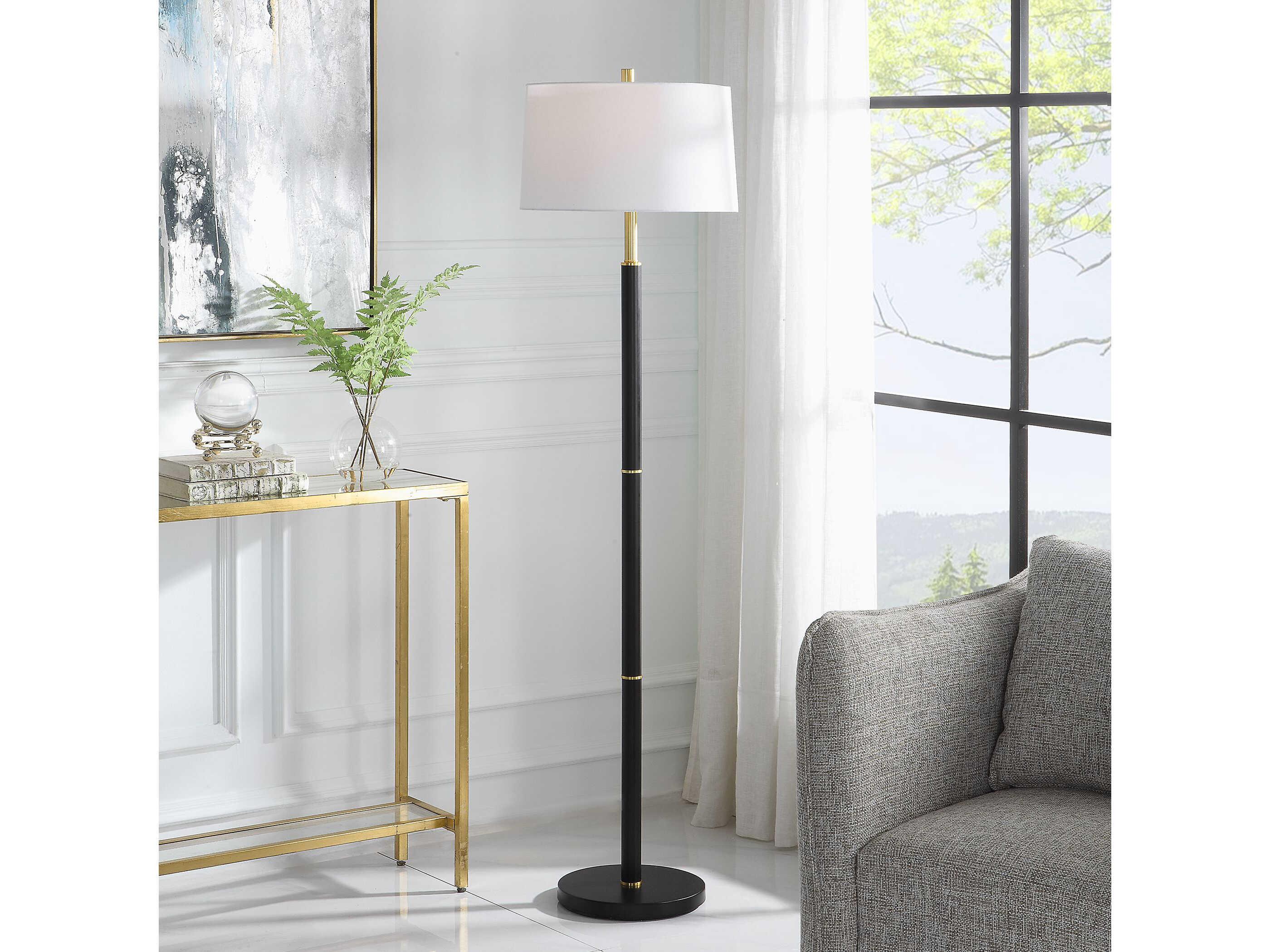 Luxecor Illumination Black Gold Round Hardback Shade Floor Lamp