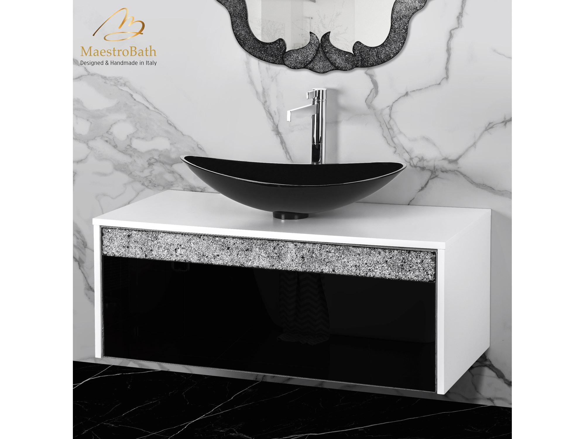 Maestro BathSerafina Modern Single Vanity 40"  Durable Wood And Murano Crystals  White And Black