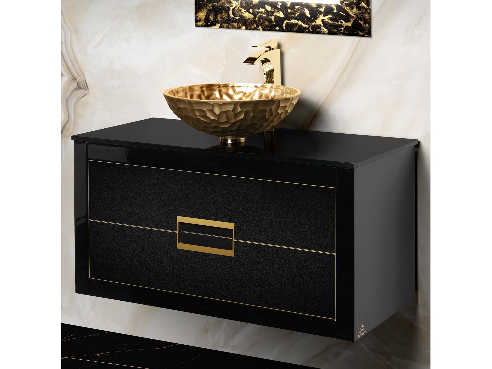 Maestro BathIncantesimo 40" Modern Bathroom Vanity  Black And Gold  Wall-Mounted  Glass Top: Flat