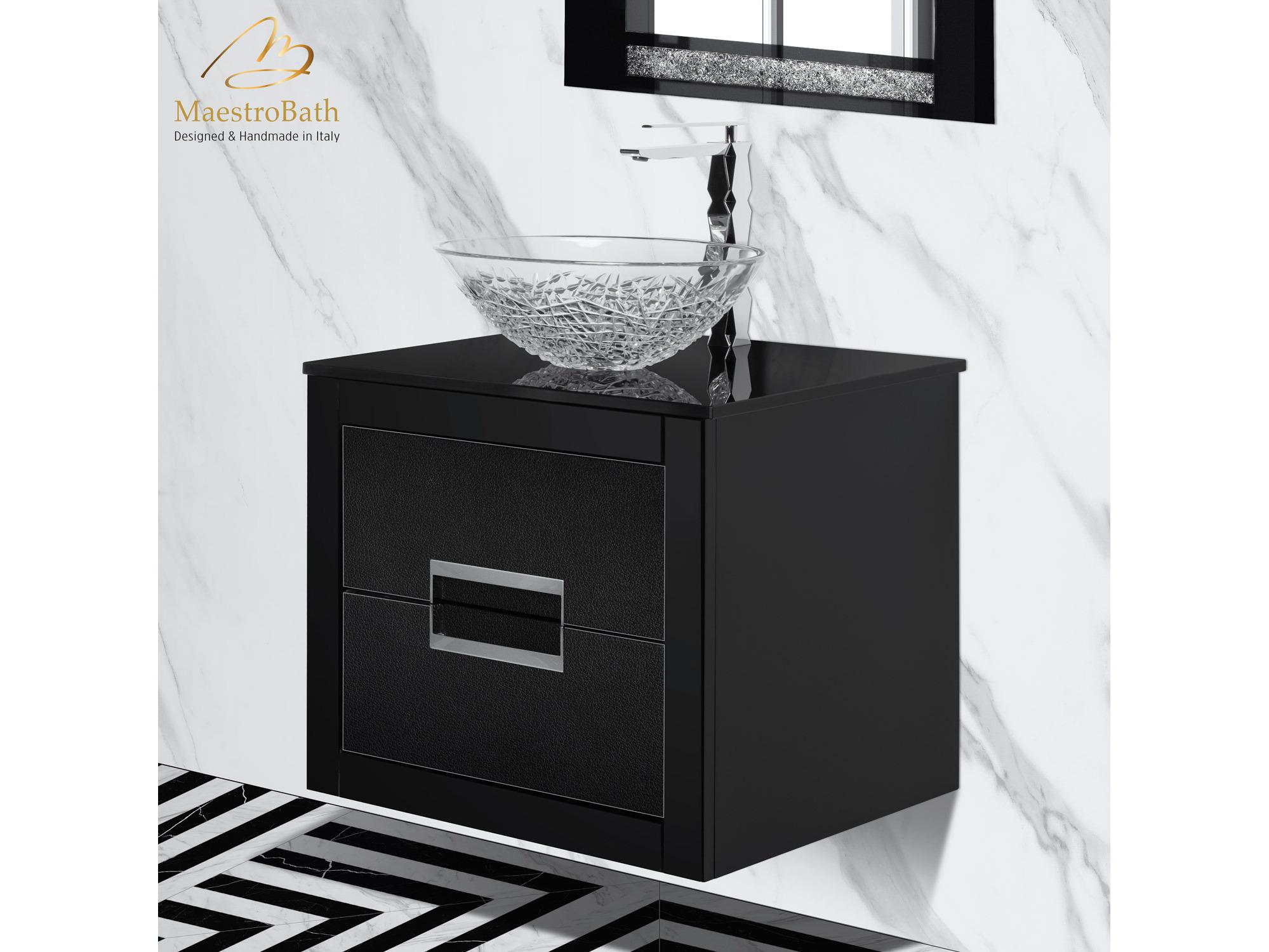 Maestro BathIncantesimo 24" Modern Bathroom Vanity  Black And Silver  Wall-Mounted  Glass Top: Flat