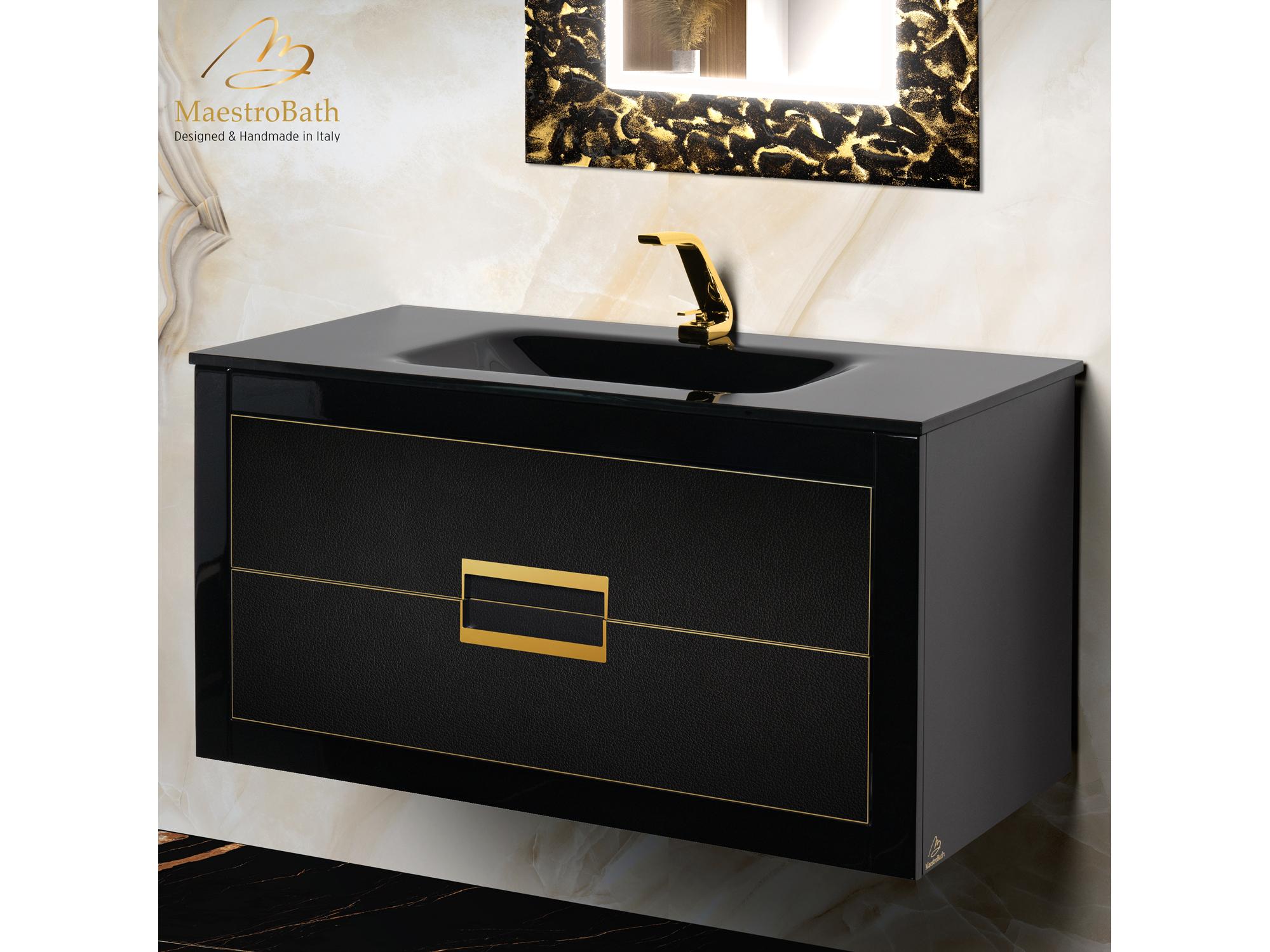 Maestro BathIncantesimo 40" Modern Bathroom Vanity  Black And Gold  Wall-Mounted  Glass Top: Integrated