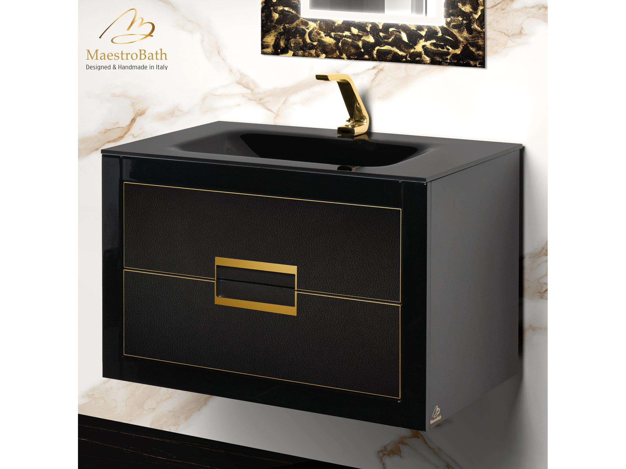 Maestro BathIncantesimo 32" Modern Bathroom Vanity  Black And Gold  Wall-Mounted  Glass Top: Integrated
