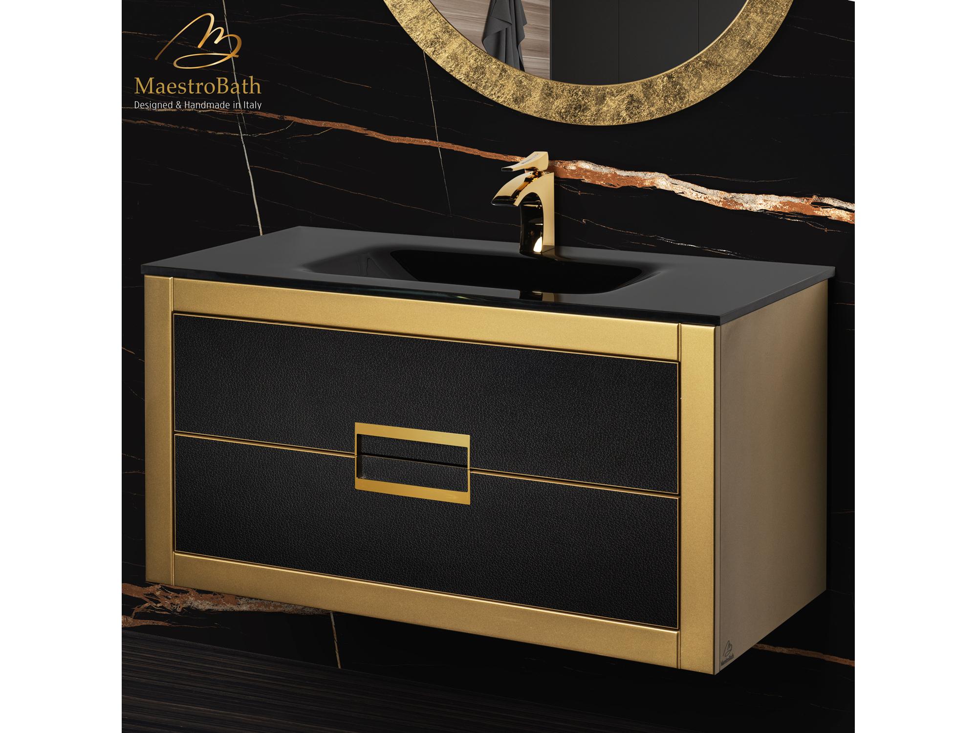 Maestro BathIncantesimo 40" Modern Bathroom Vanity  Gold And Black  Wall-Mounted  Glass Top: Integrated