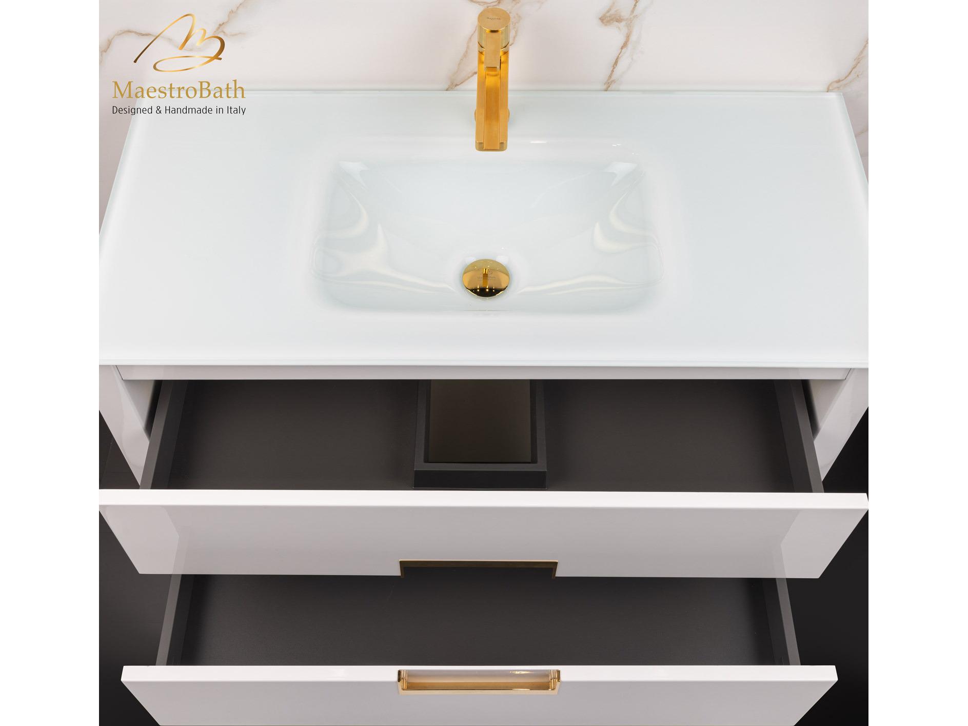 Maestro BathIncantesimo 40" Modern Bathroom Vanity  White And Gold  Wall-Mounted  Glass Top: Integrated