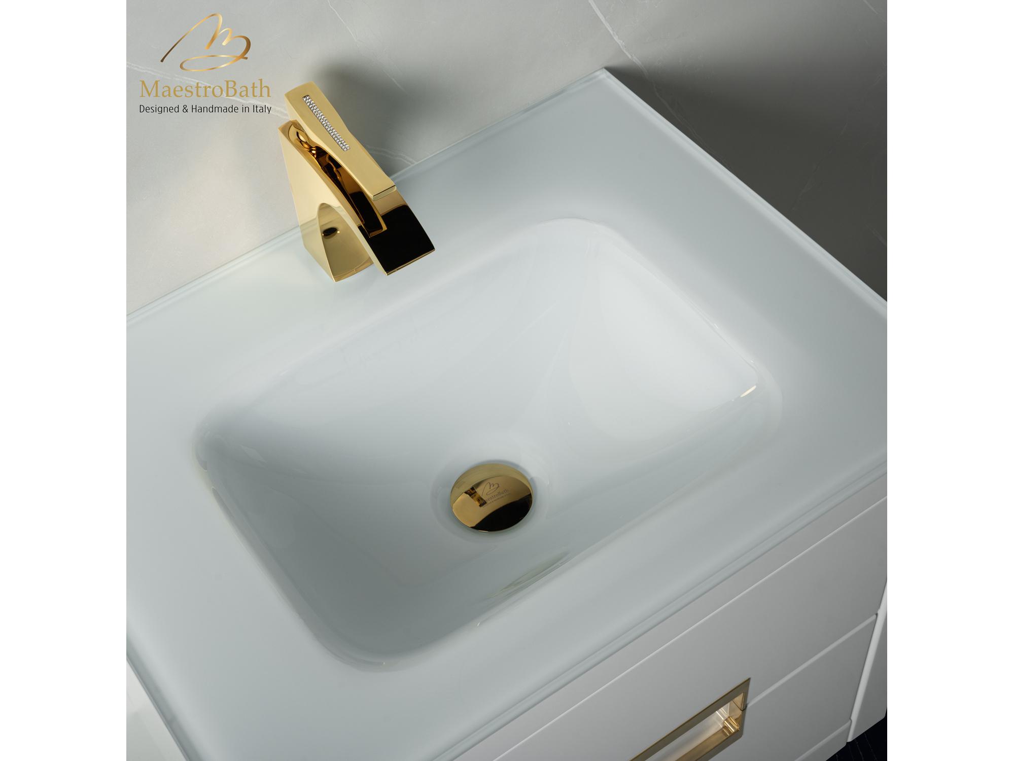 Maestro BathIncantesimo 24" Modern Bathroom Vanity  White And Gold  Wall-Mounted  Glass Top: Integrated