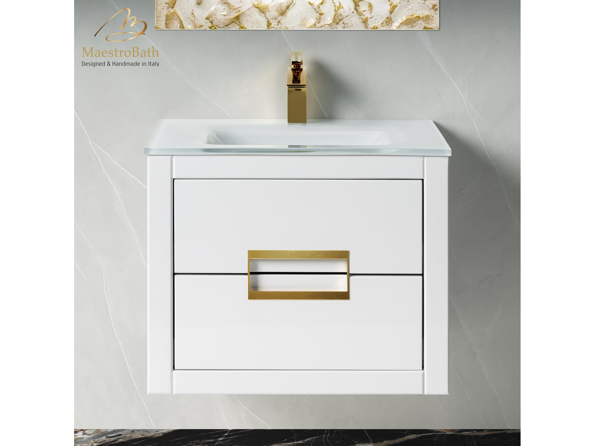 Maestro BathIncantesimo 24" Modern Bathroom Vanity  White And Gold  Wall-Mounted  Glass Top: Integrated
