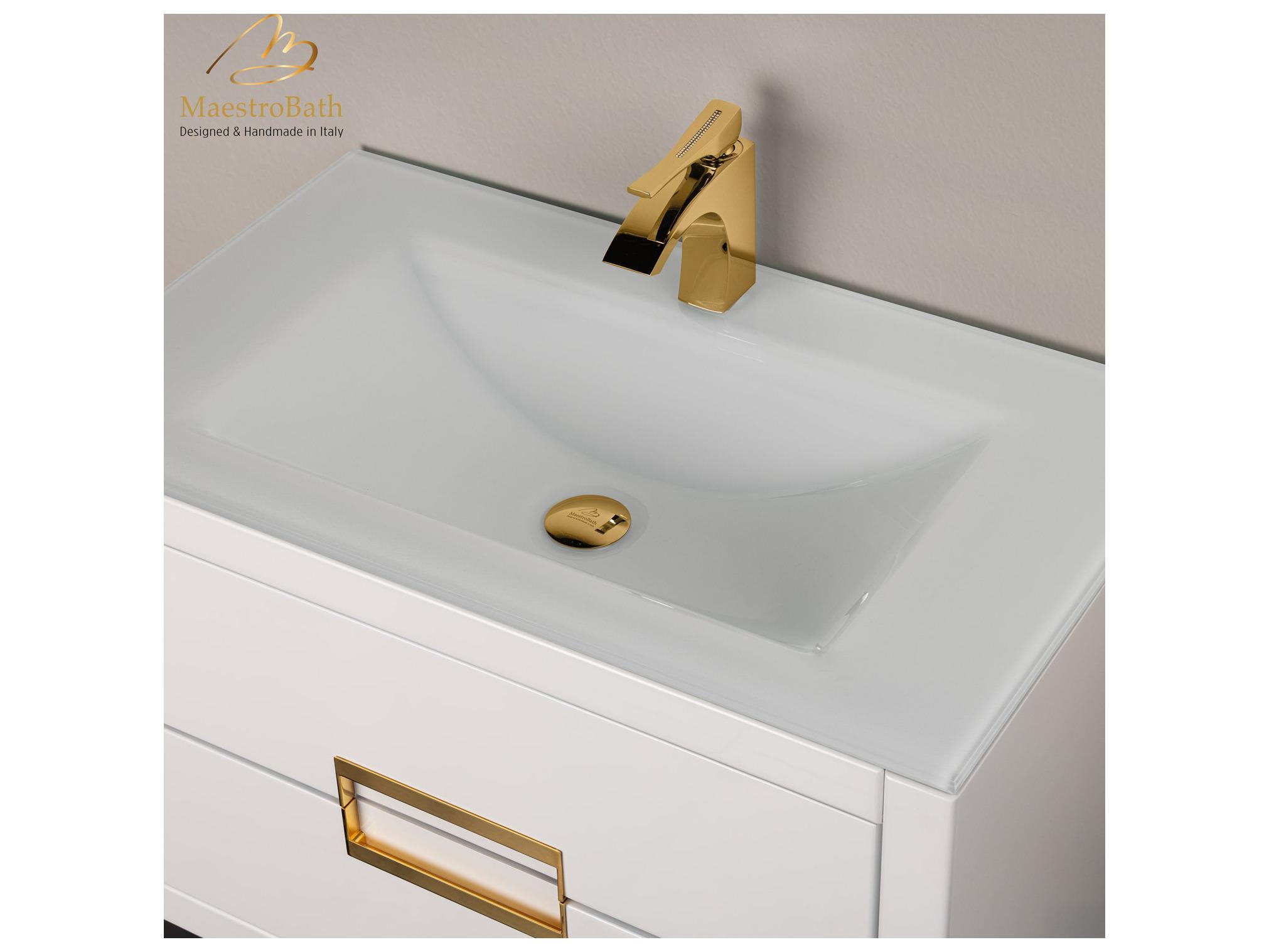 Maestro BathIncantesimo 32" Modern Bathroom Vanity  White And Gold  Wall-Mounted  Glass Top: Integrated