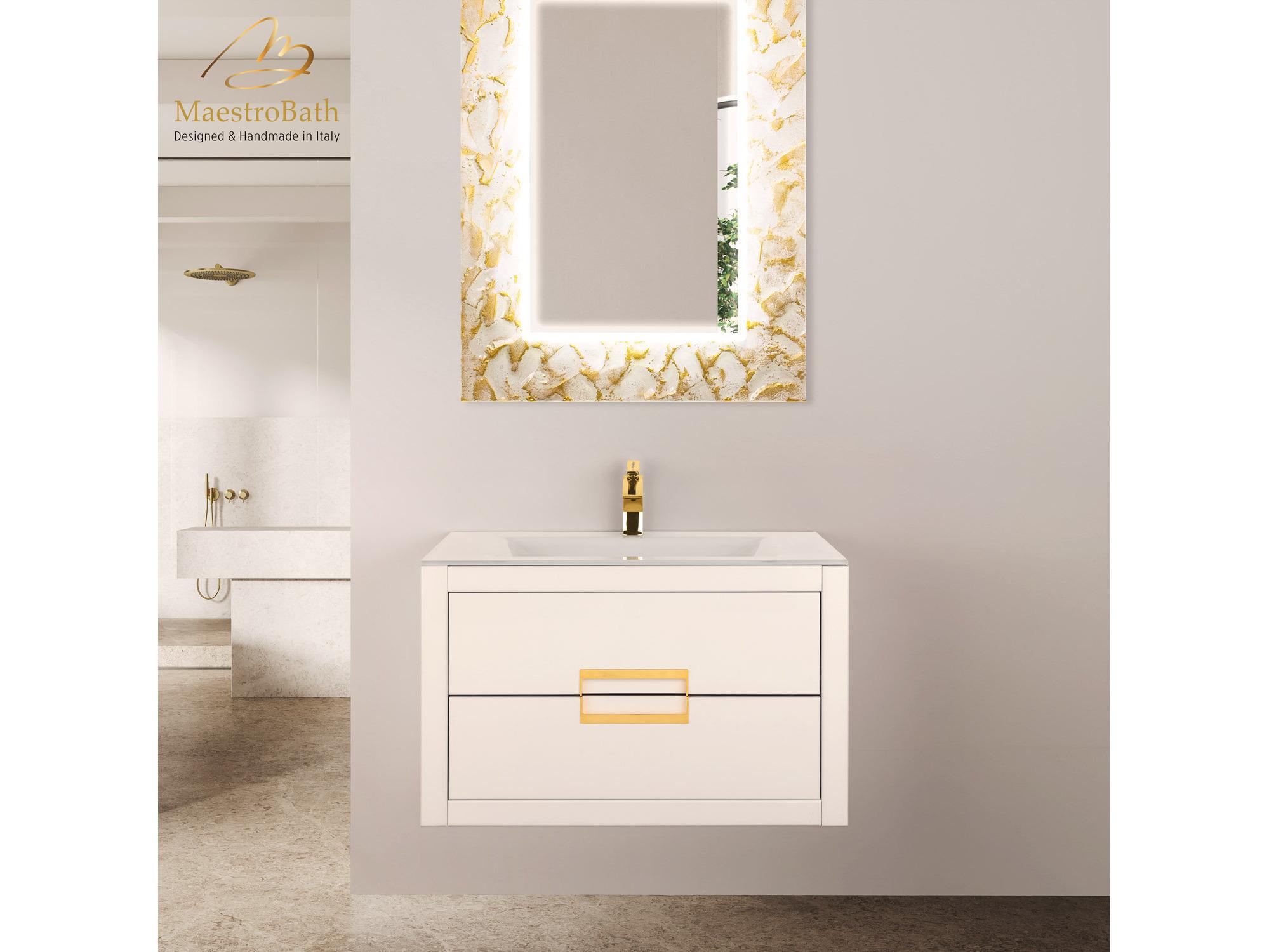 Maestro BathIncantesimo 32" Modern Bathroom Vanity  White And Gold  Wall-Mounted  Glass Top: Integrated