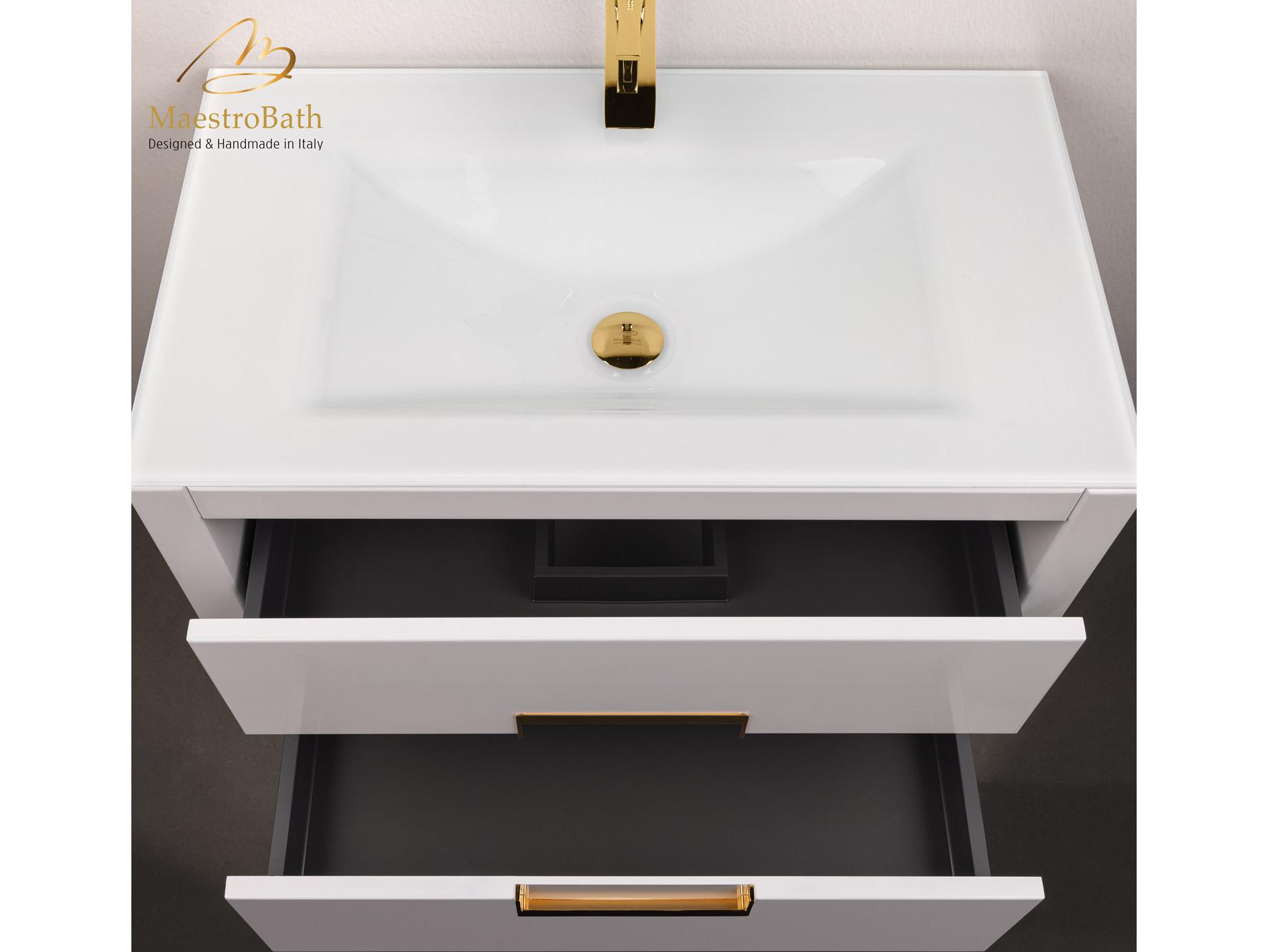 Maestro BathIncantesimo 32" Modern Bathroom Vanity  White And Gold  Wall-Mounted  Glass Top: Integrated